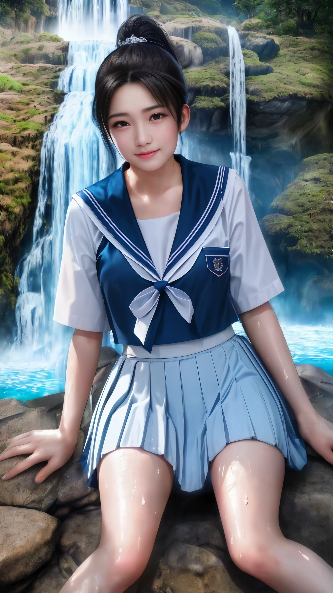 最high quality、high quality、Best image quality、8k、最High resolution、High resolution、最high quality、masterpiece、RAW Photos、whole body写真、Detailed and realistic human body、Detailed and realistic skin、Realistic face in every detail、Realistic reproduction of every detail、Detailed and realistic lips、Detailed and realistic teeth、Detailed and realistic ears、Detailed and realistic hair、Detailed and realistic weapons、Realistic reproduction of every detail、Realistic fingers in every detail、((Beautiful Hands(thumb1reference4))、Realistic feet down to the last detail、Realistic breasts down to the last detail、((Beautiful Japanese Girl))、(Japanese Model)、((18 year old beautiful girl))、(Black Hair)、(Straight hair)、(ponytail)、((whole body))、((Upward beautiful breasts))、(Stylish slim style)、(whole body光沢肌、Fair skin)、Sailor suit(Summer use)、Sailor suit(Winter use)、Sailor Skirt、Soft natural light、Jungle with waterfall、Waterfalls of different heights、Big waterfall、Powerful waterfall、((Sit on a rock in front of the waterfall))、((背景にBig waterfallが見える))、((Wet and see-through(クロップトップSailor suit、Sailor Mini Skirt))、((Bathing in a waterfall(Soaked skin from head to toe))、((Water dripping from the skin))、((Sailor suitが濡れて肌に張り付く))、((Sailor suitの上からでも乳首の形がはっきりわかります))、((Sailor suit、Sailor Skirtから滴る水))