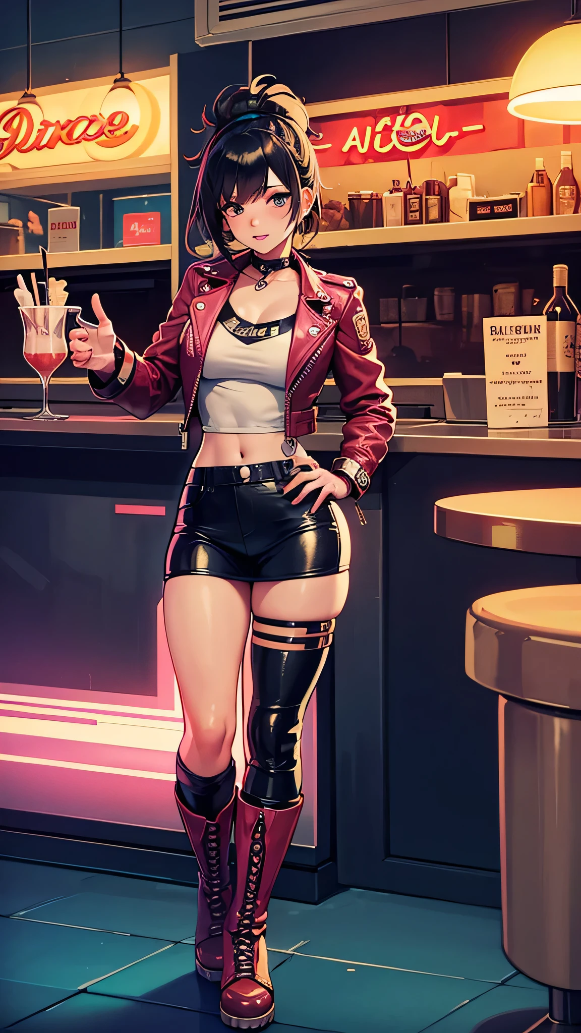 A 19-year-old girl with an 80s style, in a vintage 80s diner. She is dressed as a biker, wearing a leather jacket and boots. The diner has incredible details, similar to the Fallout video game style but with a retro touch. The girl is drinking a chocolate milkshake. It’s nighttime outside, and the diner is illuminated with bright and colorful lights creating a cozy atmosphere. The image should be in 4K resolution with very well-defined details.