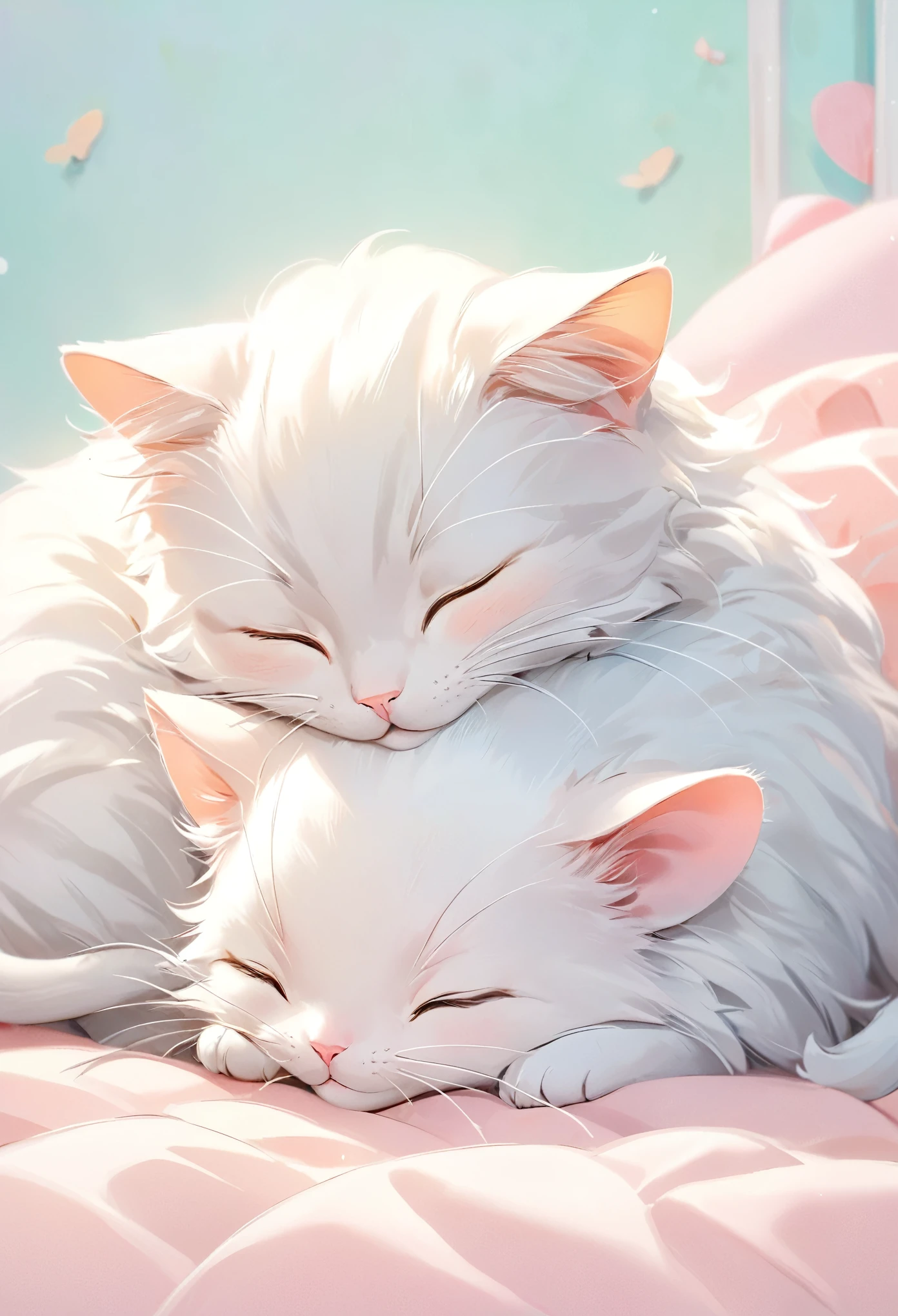 best quality, masterpiece, cat and mouse taking a nap, feeling safe when they are close together, friendly, cute, cute pose, pastel color fluffy image effect background