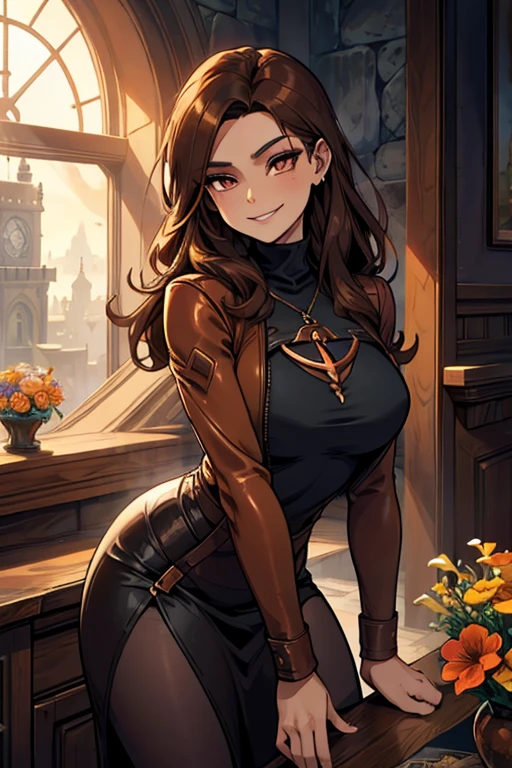 A brown haired female witch with copper eyes and an hourglass figure in a leather jacket and a t-shirt dress is drinking in the garden of a black castle with a sad smile