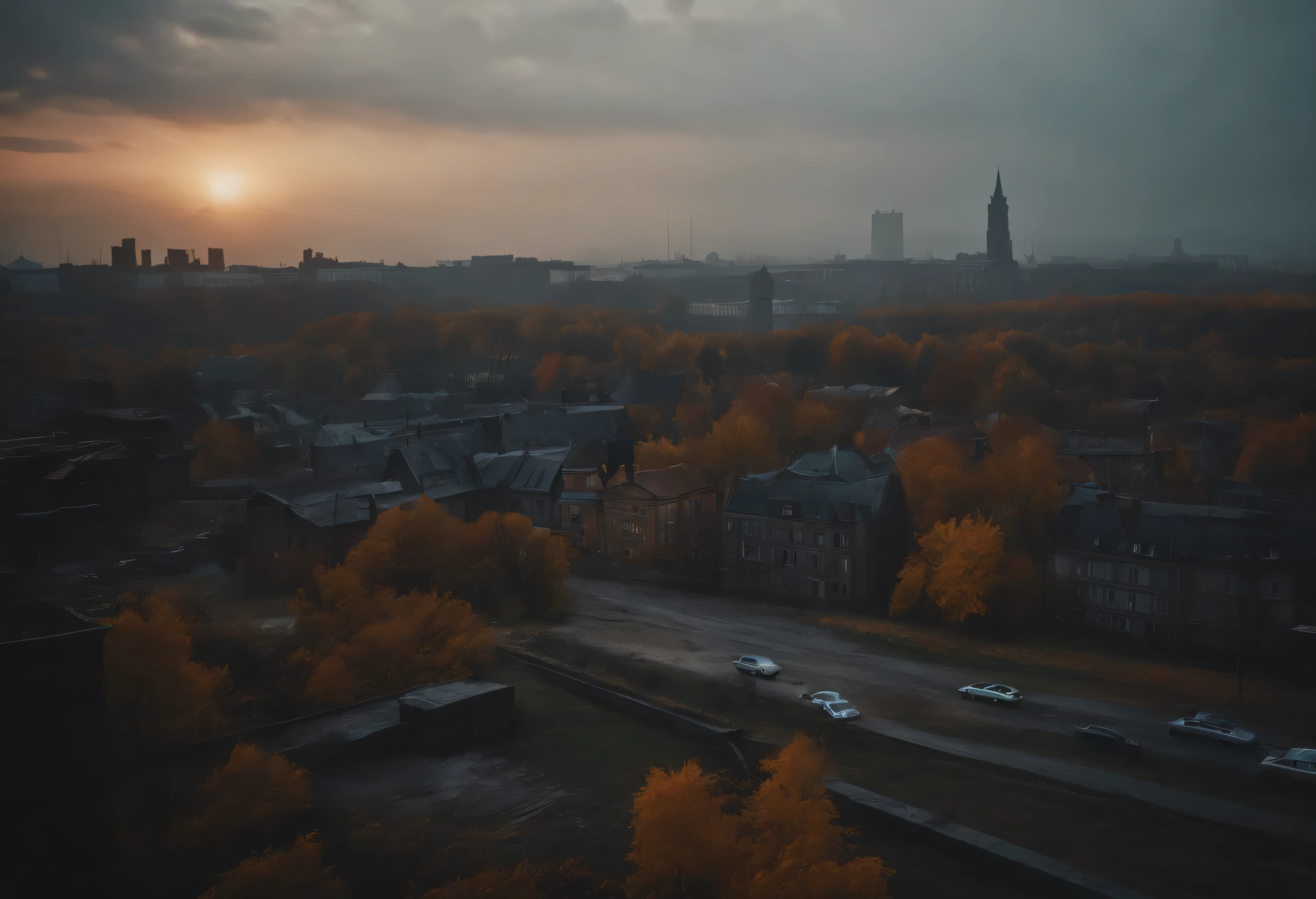 Abandoned city seen from a close-up shot at sunset on a gray day in autumn