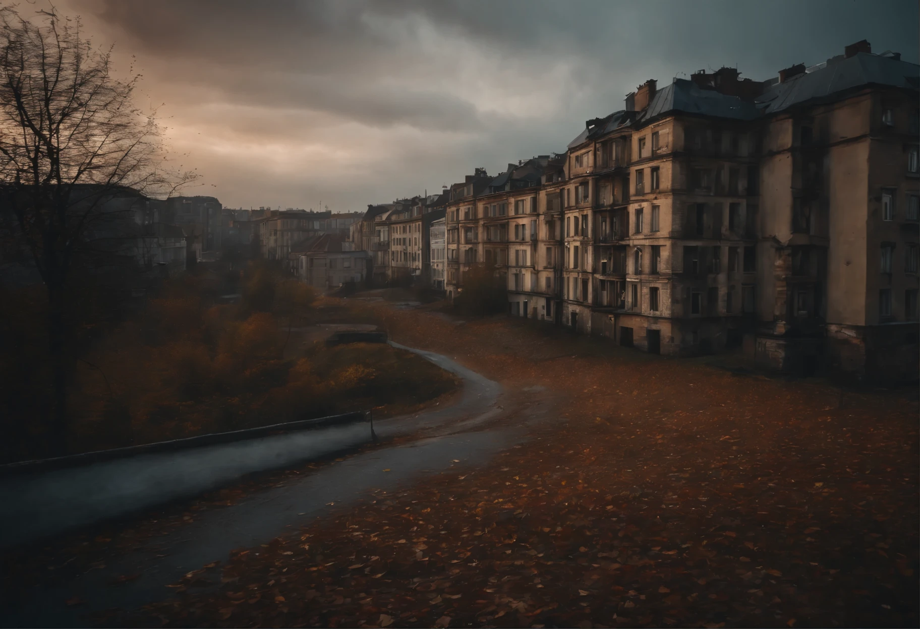 Abandoned city seen from a close-up shot at sunset on a gray day in autumn