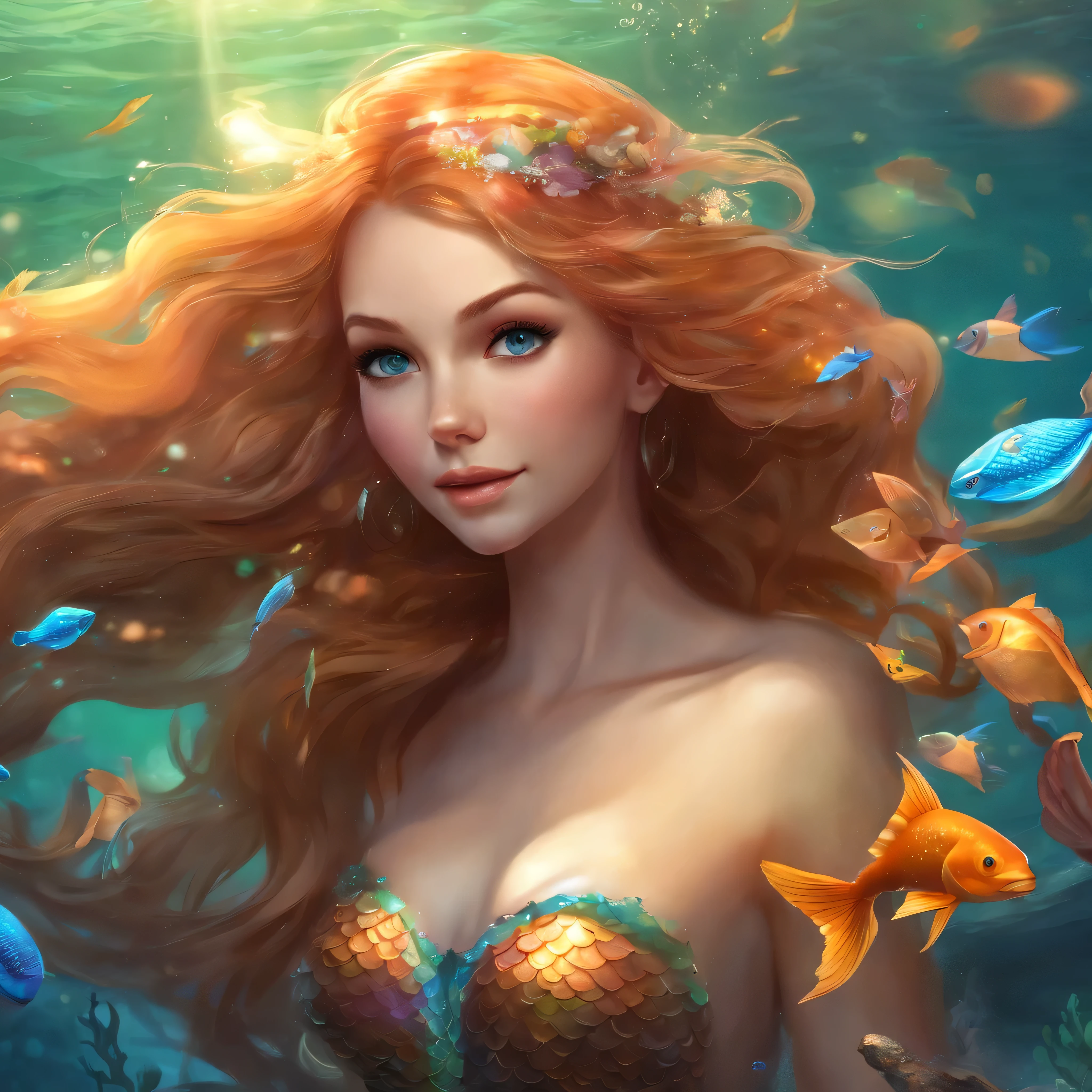 (professional photo:1.3) Fujifilm X-T3, 35mm lens ((Mermaid swims all over)) (Realistic:1.3) most beautiful artwork photo in the world,(((Blond hair))), (( Brown eyes)), brunette, Caucasians, ((long mermaid tail)), (((Detailed mermaid fins))), full body, sport, Features: Soft and shiny, ((Epic mermaid fantasy very long hair in dynamic pose, flying hair, Full tail, Fantastic location, Majestic cluttered environment)), full body, topless, 8k unity render, action shot, skin pore, heavyshading, Detailed, Detailed face, (vibrant, photograph realistic, Realistic, Dramatic, Dark, Sharp focus, 8K), (fish scales:1.4), ((((Mermaid tail)))), (Intricate:1.4), decadent, (Highly detailed:1.4), Digital painting, rendering by octane, art stations, concept-art, smooth, Sharp focus, illustration, Art germ, (loish:0.23), (Global illumination, Studio light, volumettic light), Underwater, Ocean, lotr, fantasy, mermaid, ((Sea background:1.3)),CGSesociety,art stations, surrounded by colorful robot fishes, swiming fish robots, light rays from the surface