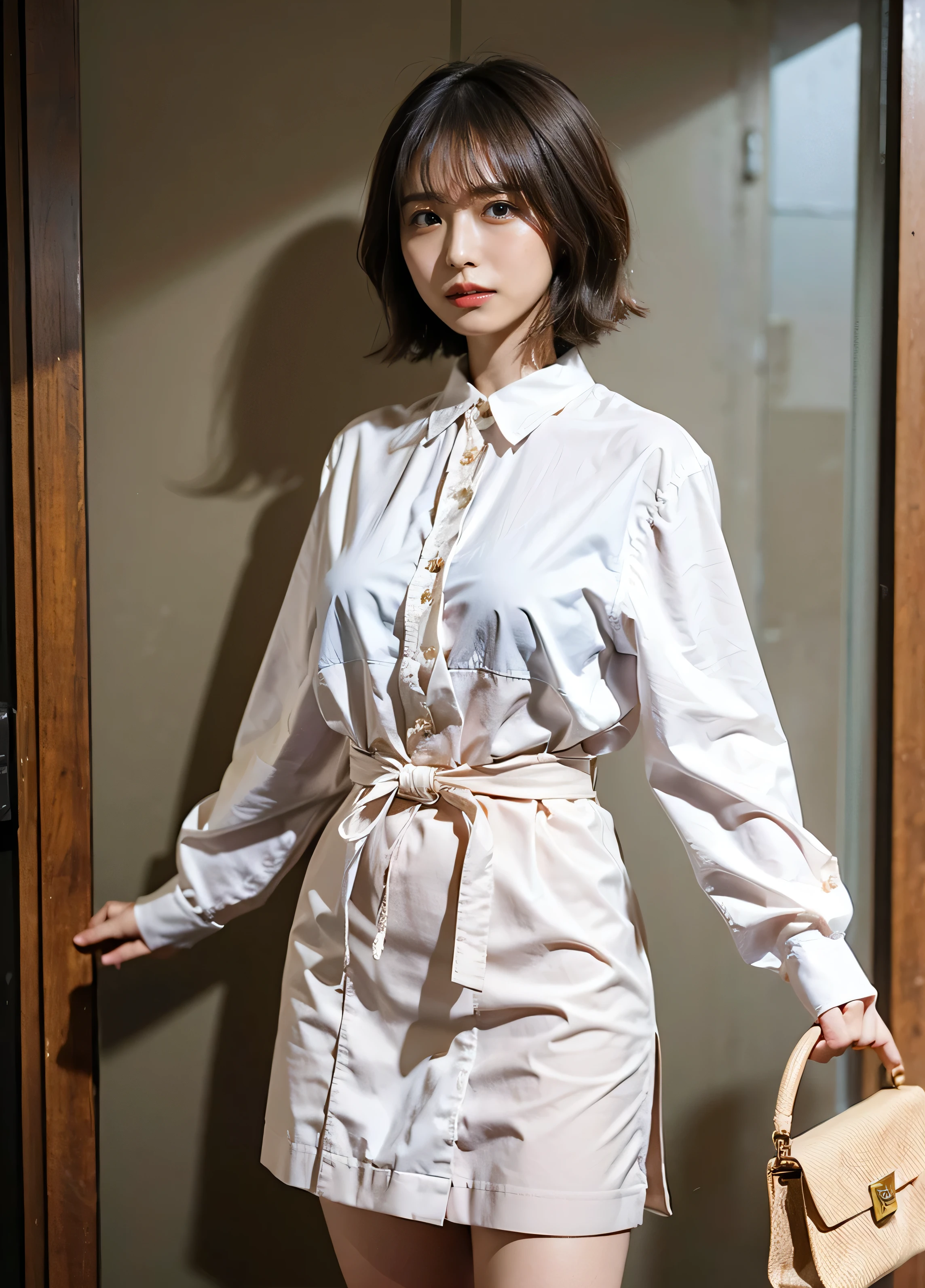 Fluffy perm hair、with rufflessleeveless、Braid only the front hair、Light brown hair、Teeth grinding、{{Cowgirl Shot}}、((Close-up shot from the waist up、Big Breasts:1.4))、Breast swelling、Big Breasts、Smile、Silk clothing、Big Breasts that can be seen even through clothes、Braid only the front hair、Cowboy Shot、Gorgeous white collared silk shirt and brown skirt、Wear it elegantly、Luxury Bags、Sex in a stylish love hotel with shining illuminations、A lovely smile、((Nagoya street corner))、Full body photo、ring、High-end clothing products、Short skirt、Tuck your hair behind one ear、Silver Necklace、smile、 Elegant ponytail、Caustics、Highly detailed photos、Very beautiful and ideal short hair、Big Breasts、Super no makeup、(8k、RAW Photos、highest quality、masterpiece:1.2)、(Realistic、Realistic)、1 girl、((Medium Short Hair、Looking into the camera:1.4))、Hair blowing in the wind