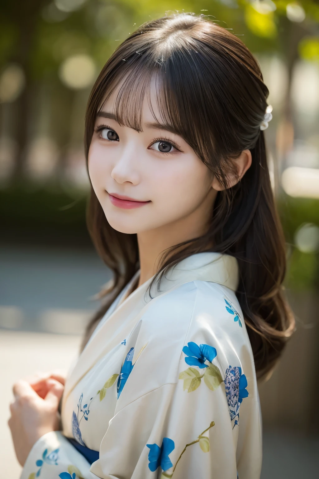 (kimono)、(highest quality、8k、High resolution、masterpiece:1.2)、Very detailed、(Realistic、photoRealistic、photo-Realistic:1.3)、Bokeh、Portraiture、smile、(Beautiful and detailed eyes、beautiful girl、Young face、Detailed face、No makeup)、A little backlight、Depth of written boundary、chromatic aberration、Use natural light and color、Wide range of lighting、Natural Shading、Caustics