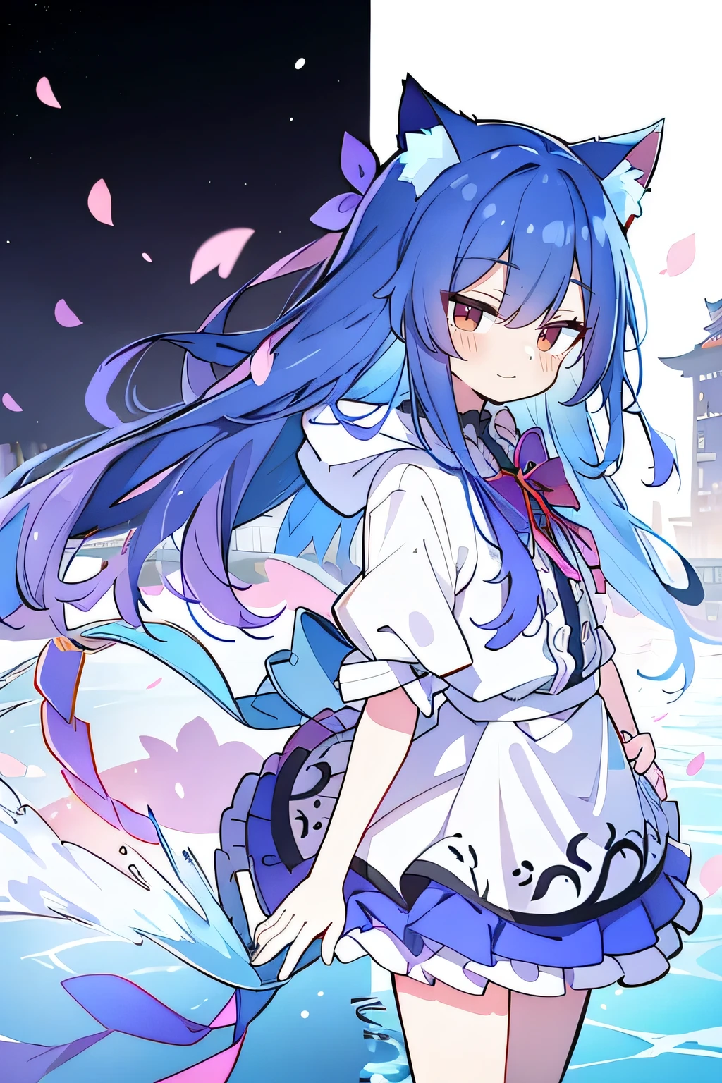 （masterpiece：1.2），Super detailed，lifelike，Expressive eyes，fair skin，perfect face shape，1 girl，
Japanese comics,Gorgeous blue hair,flowing blue hair,flowing clothes,Cat ears,Petals fall,beautiful lola,Baby Angel,
Shaking head with one hand，Cross your legs，Gentle and peaceful background，The pavilion is cool and comfortable,smile, wearing hoodie, background of tokyo,back views,snowing, winter,lie on the water. 
