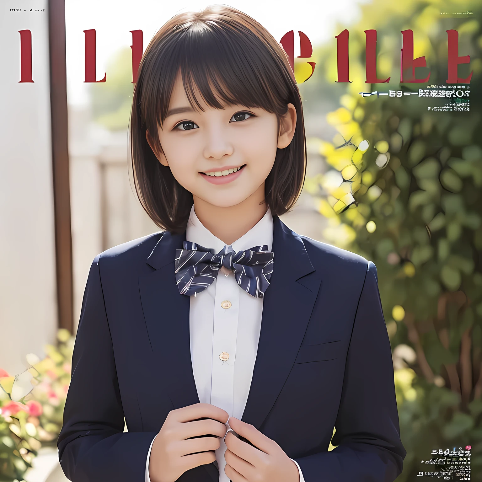 (highest quality, masterpiece:1.2), highest quality, Realistic, photograph, High resolution, 1080p, 8K, Physical Rendering, ((Height: 158cm)), Japanese girl、((((((A 14 year old beautiful Japanese magazine idle is looking at the viewer)))))), (((big very detailed beautiful dark brown eyes))), ((((laughing at me!)))), detailed fingers, (((curled blunt bangs))), ((((Very noble and cute eyes, carefully drawn with great attention to detail)))), ((double eyelids)), (((long eyelashes))), ((cute lovely lovely laughing laughing cheeks)), ((The pure white light hits my nose and cheeks. Her eyes and white facial skin shine beautifully white.)), (((((Her facial features are very expressive lovely smile, very sweet, very very intelligent))))), ((((impressive plain navy large school ribbon bow tie in plain)))), ((((black very beautiful bobbed hair)))), (blue and navy colored tartan checkered formal long pleated pleated skirt), (((A formal dark blue blazer in solid that is slightly oversized and with a golden emblem))), ((As elegant as a noble princess))