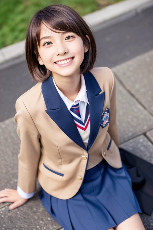 masterpiece, highest quality, Photorealistic, Very detailed, finely, High resolution, 8k wallpaper, Professional, High level of detail, (( high school girl:1.2)), Slender Japanese women,, Collarbone Detail, Mid-chest、Perfect Face, (Positive:1.2)、(Cute Short Hair:1.5), Chestnut Hair、(school uniform:1.5)、(Navy Blue Blazer:1.2)、(mini skirt:1.2)、Cute Face、(Brown Skin:1.5)、Full Body Shot、(Camera angle looking up from under the skirt:1.5)、(Cute Smile:1.5)、Balanced Professional Portion、