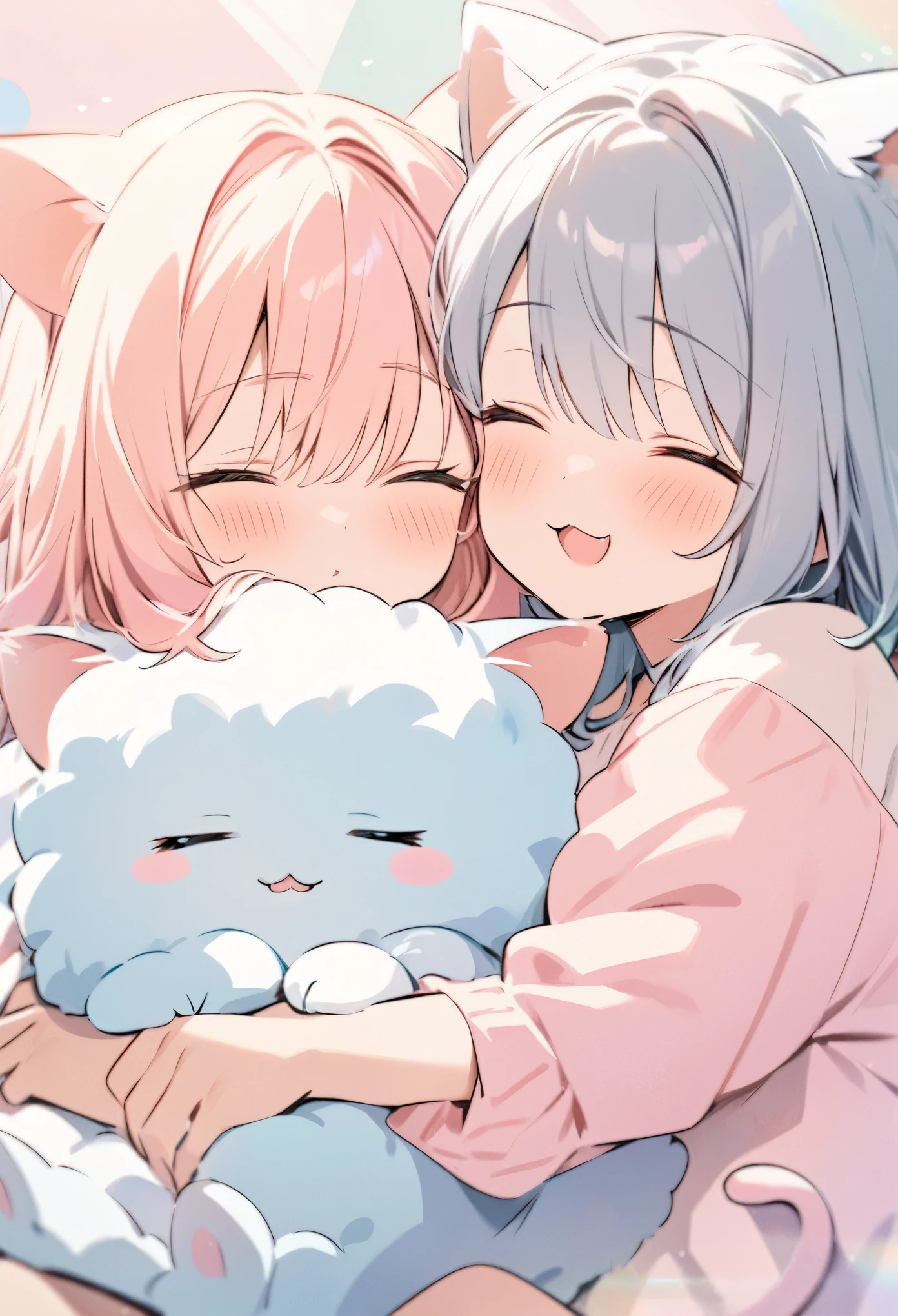 best quality, masterpiece, cat and mouse taking a nap, feeling safe when they are close together, friendly, cute, cute pose, pastel color fluffy image effect background