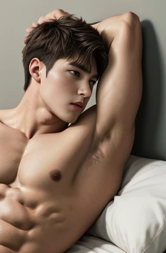 1boy, brown hair, side view, facing the camera, sexy G-string, shirtless, lifted arms, stretching, lying down on the bed, spread legs, Very detailed handsome face, Heroic, Large muscles, bedroom background, clean cut hair, whole body