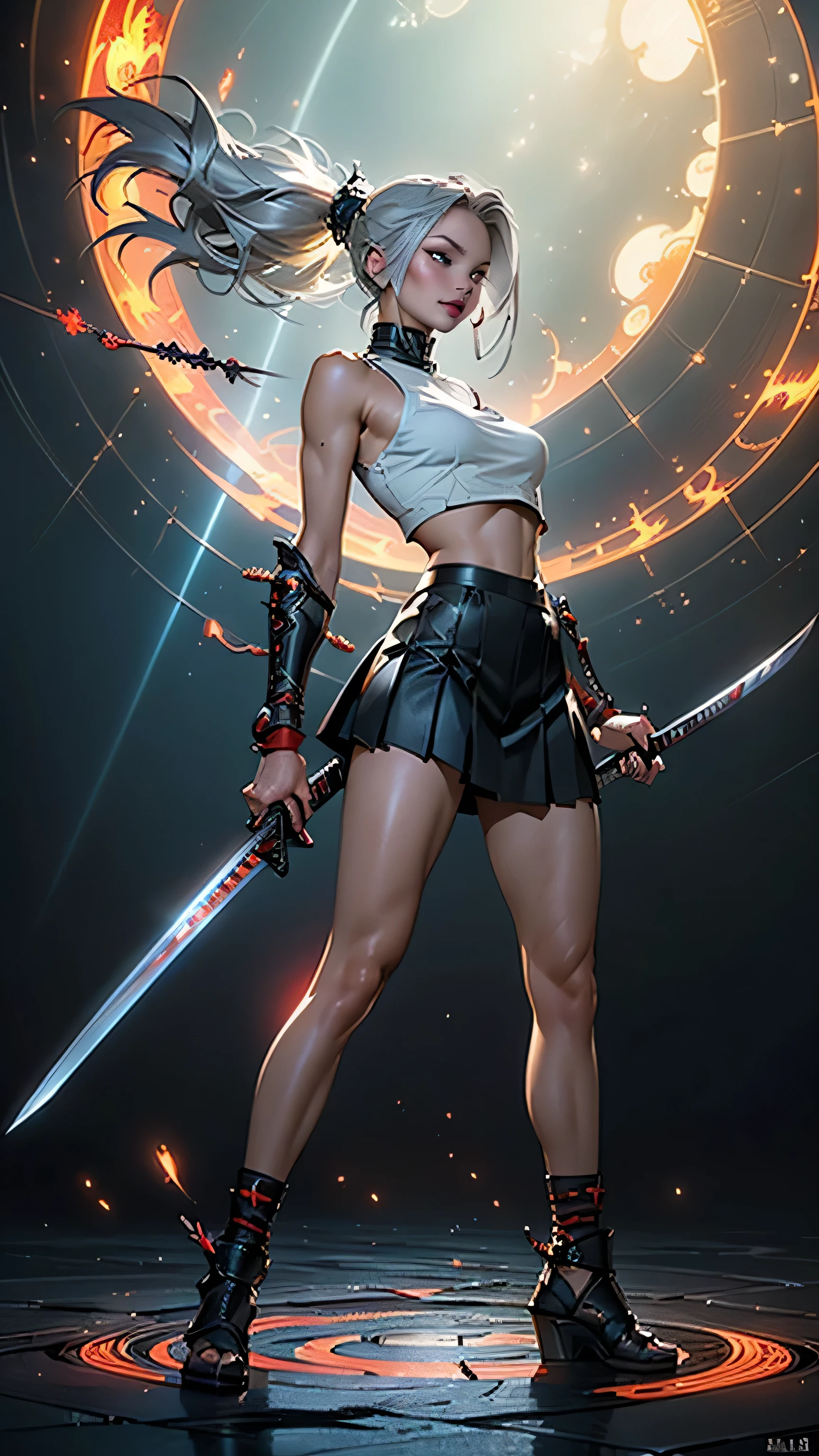 Masterpiece, Best quality, maximum detail, Female Succubus:1.5, stunningly beautiful:1.46, perfect skin:1.5, professional fashion model looks:1.6, perfect eyes:1.5, focused eyes:1.39, fierce gaze:1.35, (expressive neon-red eyes:1.2), crystalline, bright-red irises:1.5, super-detailed eyes:1.5, eye shine:1.53, Victoria's Secret "Angels" perfect body:1.35, perfect legs:1.5, top quality thighs:1.32, thighs, thigh gap:1.31, flawless calves:1.42, perfect breasts:1.5, medium-large breasts:1.5, perfect cleavage:1.49, (low cut top:1.61), sweaty skin:1.36, (glistening skin:1.4, skin shine:1.33), (textured skin), (mischievous smile:1.5), (long flowing silver:1.3 hair:1.47), (long voluminous hair:1.4), highly detailed hair:1.3, fractal art:1.13, (distressed leather pleated skirt:1.4), (distressed leather crop top:1.4), (wielding her intricate, (maximum-detailed katana):2, reflective steel kitana with light effects:1.44, (in a Kenjutsu stance):1.3, (burning vibrant blades of light power encircling her), (spiraling vortex of bright red God Rays:1.33), there is a (black dragon with polished metal scales), in the background:1.3), (it's fearsome head rearing back to strike), (((perfect lighting))) (background art style similar to James Jean), (stylized after the works of Yoji Shinkawa:1.45 and Ashley wood:1.41), ArtStation Challenge Winner, Venice Biennale's Golden Lion Winner, medium shot, (low angle POV:1.5), (POV full body shot:1.4), uplight lighting, golden hour, Octane render, masterpiece, Ultra fine details, 8k, 16k, UHD, Monte Carlo Ray Tracing, brandishing a katanas, super detailed katanas, fighting with katanas, holding the katanas, (in a defensive stance with two katanas, (holding katana swords up and ready:1.52), low angle, wide angle lens, key backlight, in (dynamic poses:1.5), natural beauty, (anatomically correct), (anatomical perfection), (anatomically well-proportioned:1.34) and (anatomically symmetrical):1.43, repeat positive prompts, repeat negative prompts