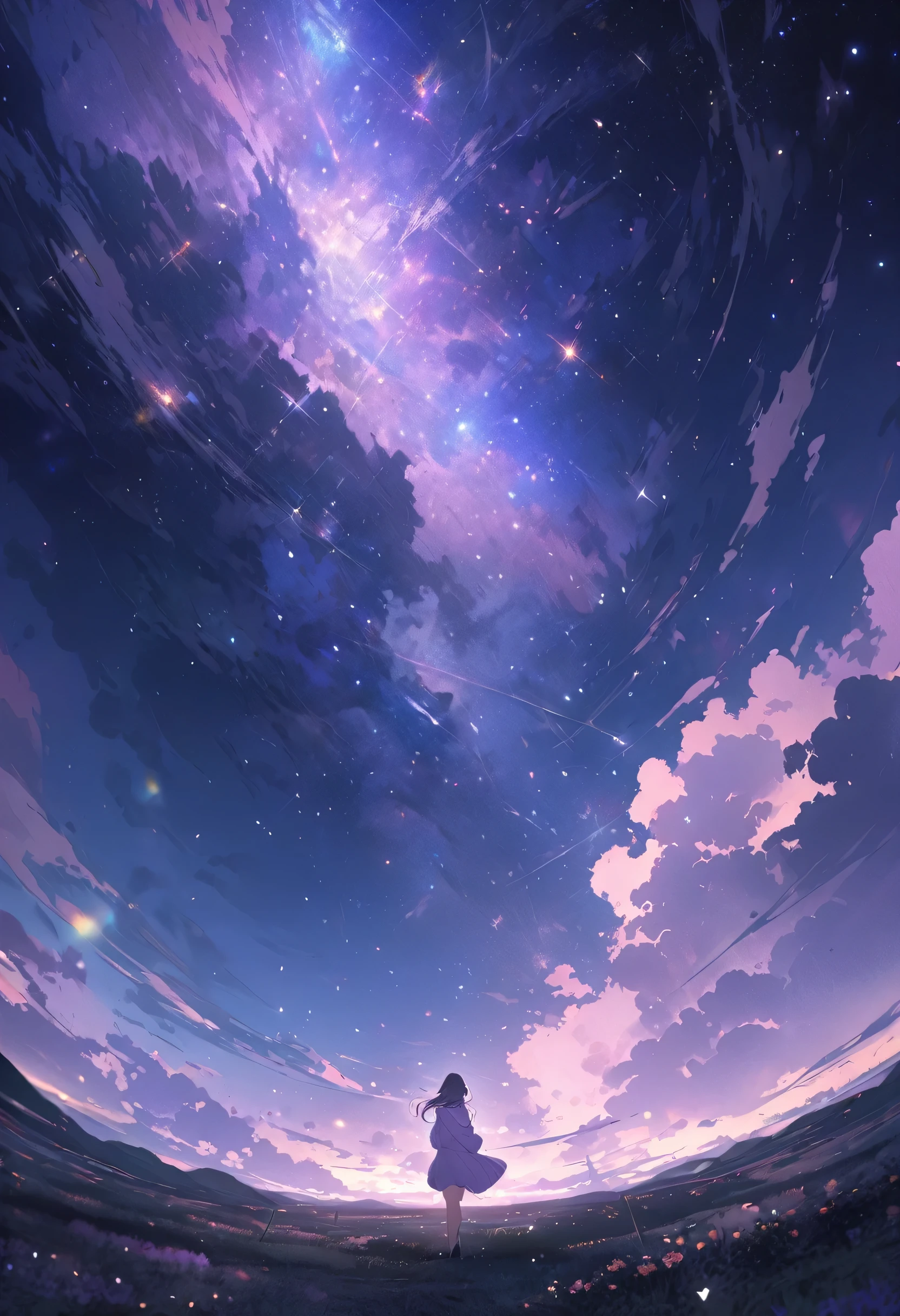 High quality, high detail wide landscape where it includes of a gentle looking woman (include whole body) wearing a pastel violet sweater facing the sky full of stars