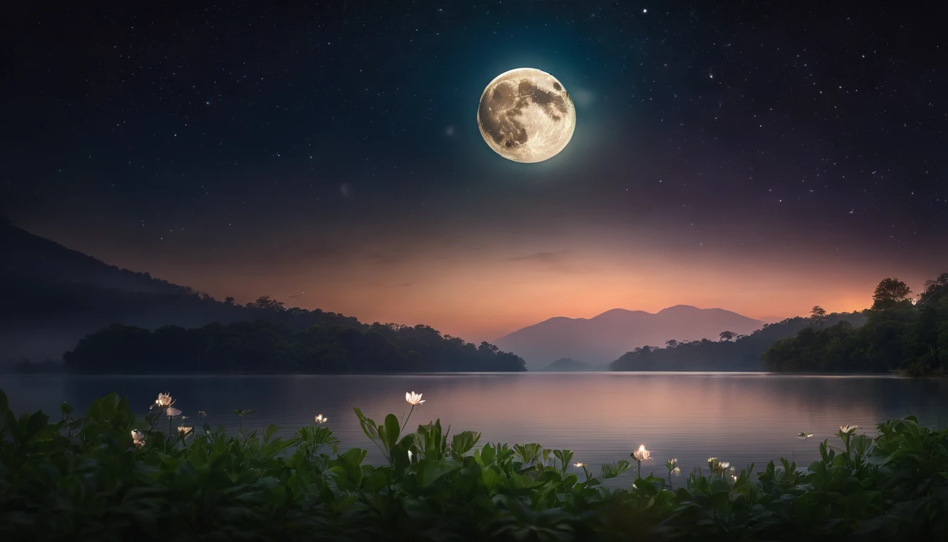 Vast landscape photography , (a view from below that shows sky above Jungle Lake below), Jungle Lake, Lotus on the lake surface, (Jungle Fireflies: 1.3), ((Beautiful moonlit night view)), (Big full moon: 1.3) , Cloudy, (Shooting star at night: 1.1), (nebula: 1.2), (Image of the moon reflected in a lake: 1.2), Distant Mountain, 4K, Super detailed, (moving composition: 1.4), Extremely detailed and colorful (Iridescent: 1.2), (Sparkling Lights, Atmospheric lighting), highest quality