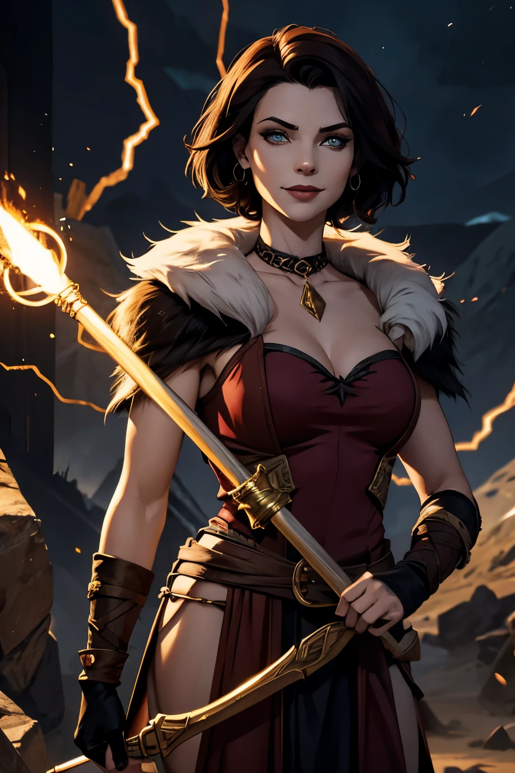 Dnd fantasy character,  barbarian sorceress,  pale skin, female vampire, dark hair, short square hair . Fur trim.  Axe. sly smile. Electricity sparks from her arms and hands.