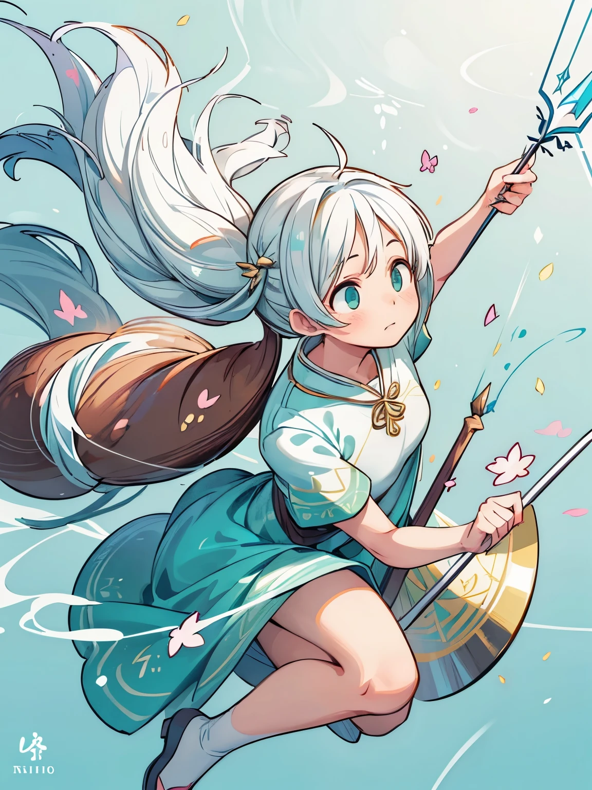 (masterpiece、highest quality、highest quality、Official Art、Beautiful and beautiful:1.2)、(One girl:1.3)Hatsune Miku、Twin tails,Big Breasts,masterpiece, highest quality, figure, One girl, alone, lease, (Long golden hair), Green Dress, Sharp eyes, (Bright colors), Light, thick smoke:1.6, (Floating white ink:1.8), Cyan Flame, (Beautiful and vivid background:1.25), (Depth of written boundary:0.7), dream-like, (High resolution:1.2), (Super detailed:1.2), (Highly detailed CG Unity 8k wallpaper:1.2), (Traditional Media), (sketch:1.1), Beautifully detailed eyes and face, 1 long spear, (Fluttering petals:1.2), White flower, Spear Battle, Dynamic colors, colorful, Dynamic pose, Dynamic Angle, (whole body:1.5), Trials of Mana, (1 long spear, holding 1 long spear:1.5), lease, Medium chest, (Fine grain), cute, beauty, High resolution, 4K, Nier Anime Style, Harmony, Combat Stance,