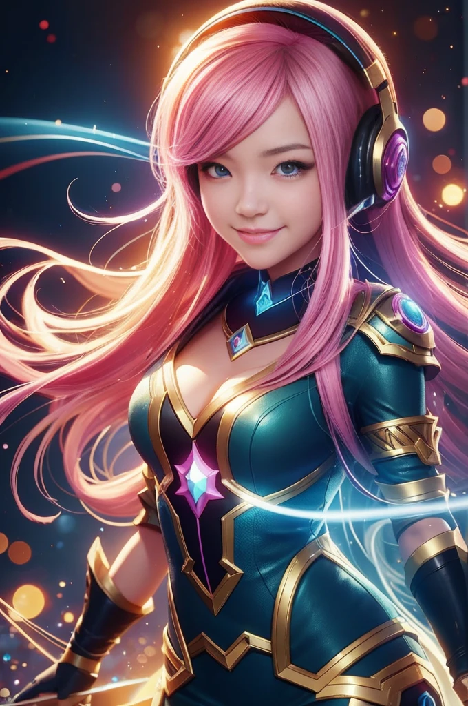 Close-up：A smiling girl with headphones, 8k type germ bokeh, rossdraws Global Illumination, League of Legends Characters, stanley type germ lau, extremely detailed type germ, style type germ, Ross trans style, IG Model | type germ, rossdraws cartoon vitality, type germ lau, trending type germ