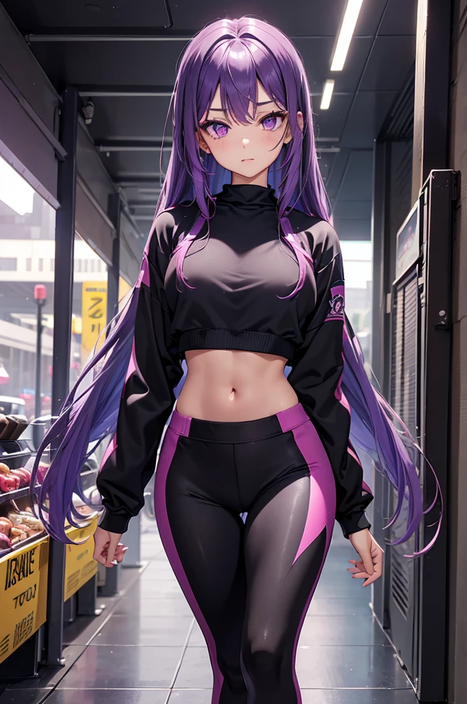 1girl, , vibrant purple hair, purple hair, violet hair, beautiful hair, perfect detailed hair, long hair, pink eyes, beautiful eyes, detailed eyes, perfect pink eyes, great body, great female figure, great curves, perfect female body, wearing: gym clothes, flex leggings, matt-black flex leggings, leggings matt-black, croptop, cropped shirt, highest quality, with sharp details, vibrant colors, 4K, Strive for perfection in every detail
