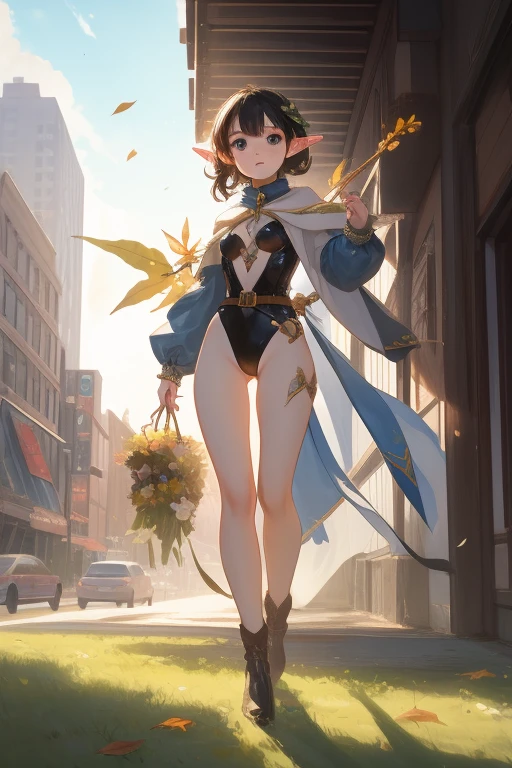 Beautiful elf Girl, medium black hair, waved hair, leaf leotard,long arms, long legs, cowboy shot, archer ,outdoor, new York,full body , view from below,shock face,