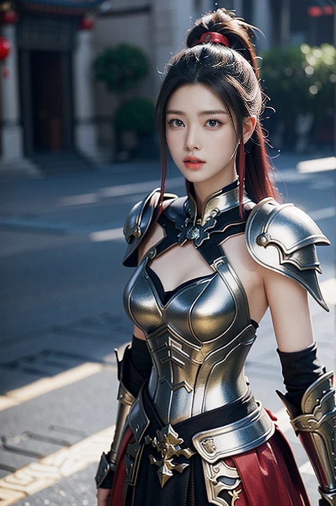 Game Art，Best picture quality，Maximum resolution，8K，((A bust photo))，((portrait))，((Head close-up))，(Rule of Thirds)，Unreal Engine 5 rendering works， (Future Girl)，(Female Warrior)， 22-year-old young hacker)，(Rainbow hair，Ancient Oriental Hairstyle)，((Red pupils:1.3))，(Beautiful eyes full of details)，(Large Breasts)，(Eyeshadow)，Elegant and charming，indifferent，((anger))，(Chinese style general armor，Combined Armor，There are exquisite Chinese patterns on the clothes，The sparkle of jewelry)，figure，Fantasy style， Photo poses，City background，light，Ray tracing，Game CG，((3D Unreal Engine))，oc rendering reflection pattern