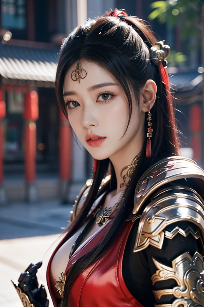 Game Art,Best picture quality,Maximum resolution,8K,((A bust photo)),((portrait)),((Head close-up)),(Rule of Thirds),Unreal Engine 5 rendering works, (Future Girl),(Female Warrior), 22-year-old young hacker),(Rainbow hair,Ancient Oriental Hairstyle),((Red pupils:1.3)),(Beautiful eyes full of details),(Large Breasts),(Eyeshadow),Elegant and charming,indifferent,((anger)),(Chinese style general armor,Combined Armor,There are exquisite Chinese patterns on the clothes,The sparkle of jewelry),figure,Fantasy style, Photo poses,City background,light,Ray tracing,Game CG,((3D Unreal Engine)),oc rendering reflection pattern