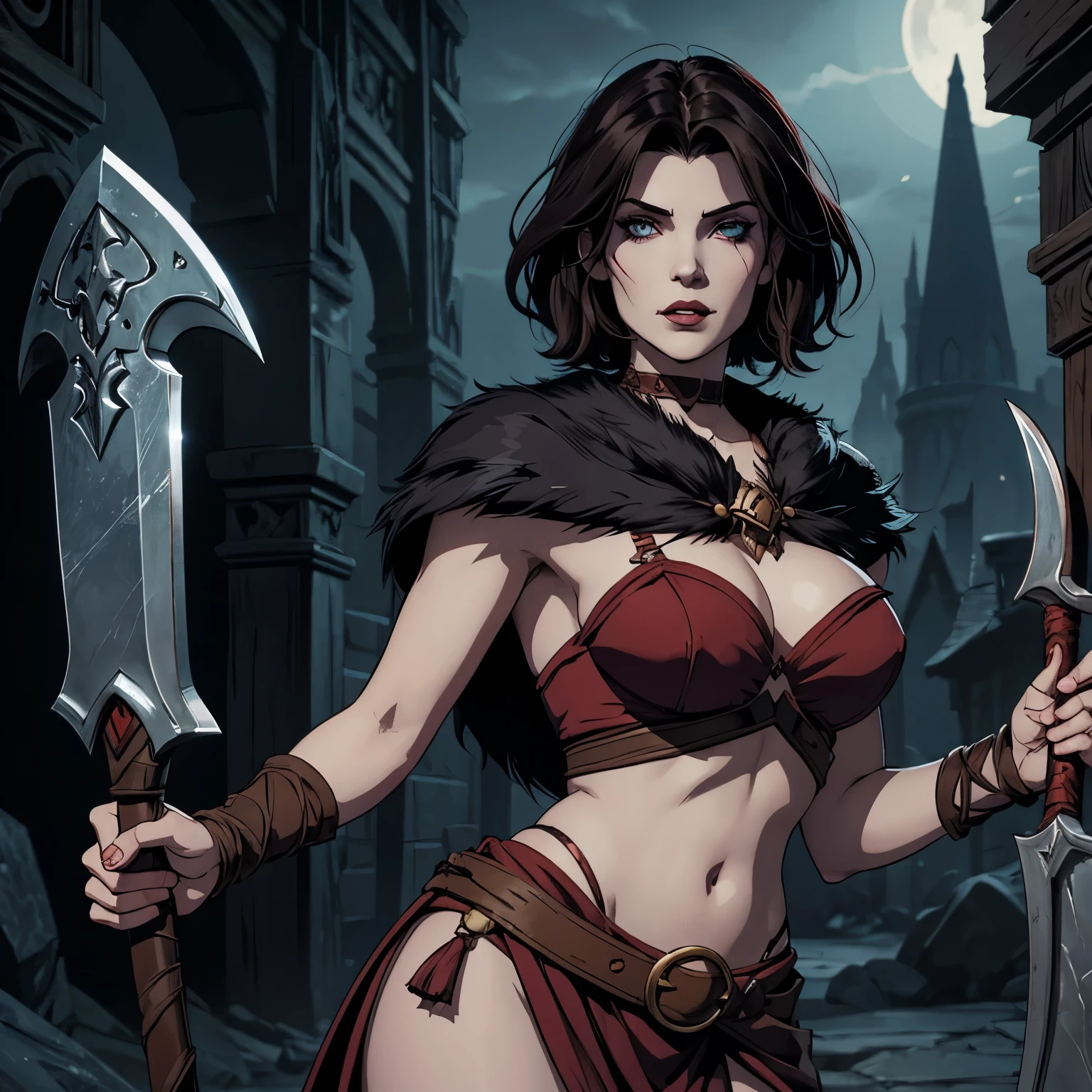 Dnd fantasy character, barbarian sorceress, pale skin, female vampire, dark hair, short square hair . Fur trim. Axe.
