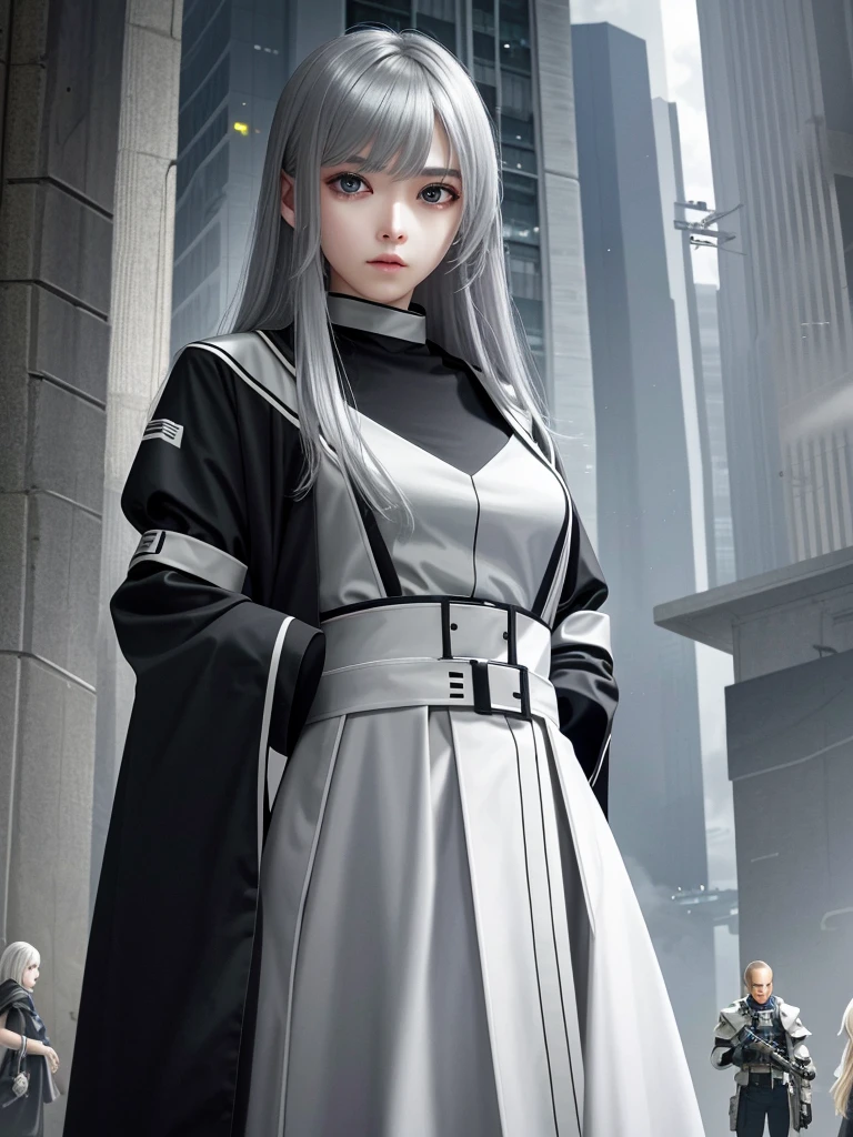 cyberpunk characters，Silver-haired girl，The mech stood behind the girl。