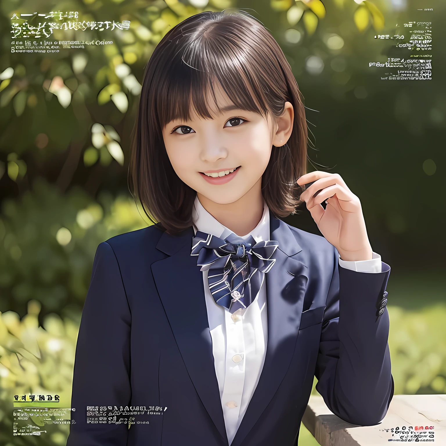 (highest quality, masterpiece:1.2), highest quality, Realistic, photograph, High resolution, 1080p, 8K, Physical Rendering, ((Height: 158cm)), Japanese girl、((((((A 14 year old beautiful mature Japanese magazine idle is looking straight at the viewer)))))), (((big very detailed beautiful dark brown eyes))), ((((laughing at me!)))), detailed fingers, (((curled blunt bangs))), ((((Very noble and cute eyes, carefully drawn with great attention to detail)))), ((double eyelids)), (((long eyelashes))), ((cute lovely lovely laughing laughing cheeks)), ((The pure white light hits my nose and cheeks. Her eyes and white facial skin shine beautifully white.)), (((((Her facial features are very expressive lovely smile, very sweet, very very intelligent))))), ((((impressive plain navy large school ribbon bow tie in plain)))), ((((black very beautiful bobbed hair)))), (blue and navy colored tartan checkered formal long pleated pleated skirt), (((A formal dark blue blazer in solid that is slightly oversized and with a golden emblem))), ((As elegant as a noble princess))