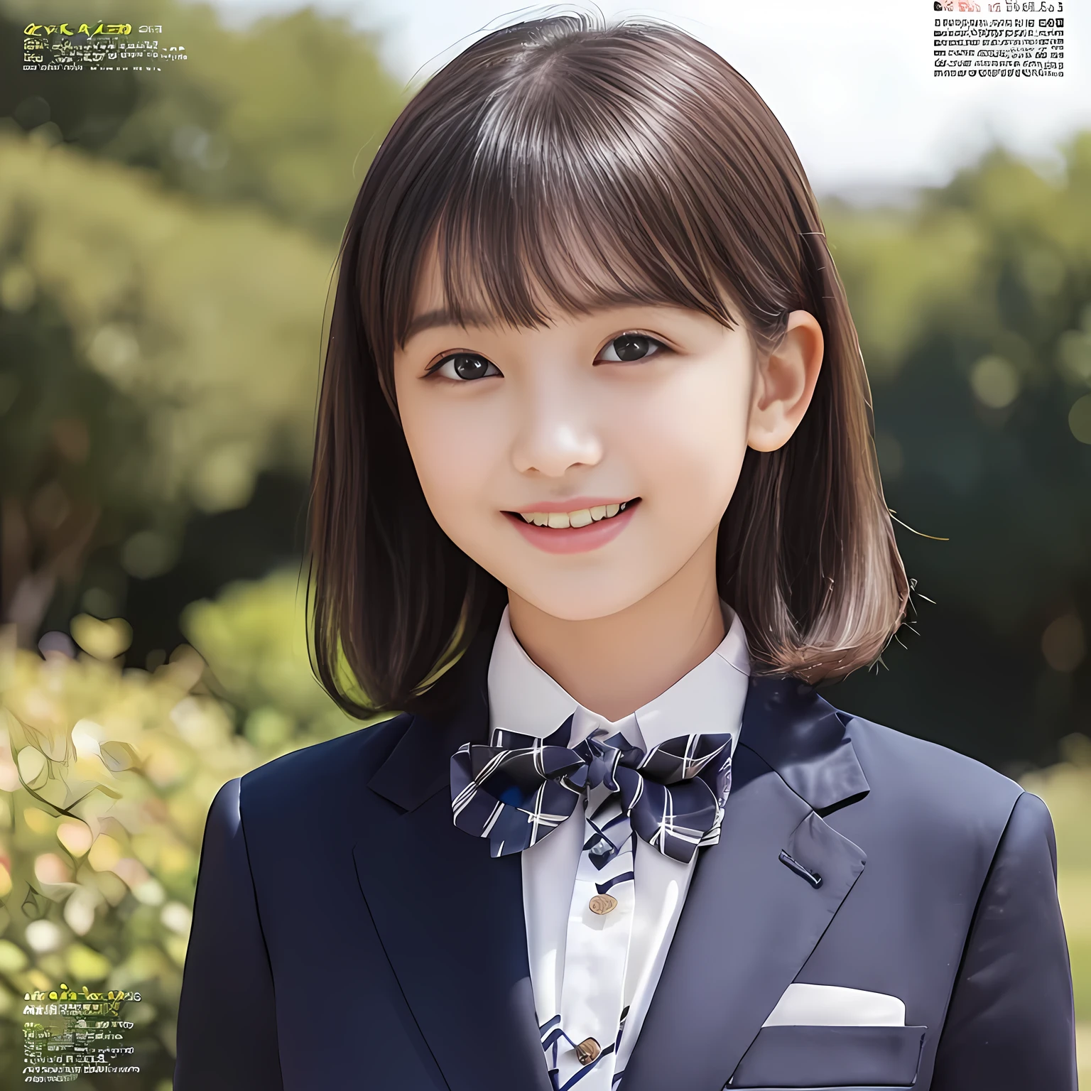 (highest quality, masterpiece:1.2), highest quality, Realistic, photograph, High resolution, 1080p, 8K, Physical Rendering, ((Height: 158cm)), Japanese girl、((((((A 14 year old beautiful mature Japanese magazine idle is looking straight at the viewer)))))), (((big very detailed beautiful dark brown eyes))), ((((laughing at me!)))), detailed fingers, (((curled blunt bangs))), ((((Very noble and cute eyes, carefully drawn with great attention to detail)))), ((double eyelids)), (((long eyelashes))), ((cute lovely lovely laughing laughing cheeks)), ((The pure white light hits my nose and cheeks. Her eyes and white facial skin shine beautifully white.)), (((((Her facial features are very expressive lovely smile, very sweet, very very intelligent))))), ((((impressive plain navy large school ribbon bow tie in plain)))), ((((black very beautiful bobbed hair)))), (blue and navy colored tartan checkered formal long pleated pleated skirt), (((A formal dark blue blazer in solid that is slightly oversized and with a golden emblem))), ((As elegant as a noble princess))