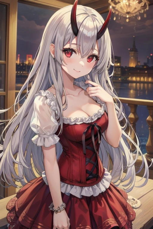 A masterpiece of a girl with red eyes, a cute smile, and hair between her eyes, wearing a silver-haired, very long-haired oni with horns, an open blouse revealing a small cleavage, and a skirt with puffy sleeves and a corset, in the Torino style, 1 person, best quality