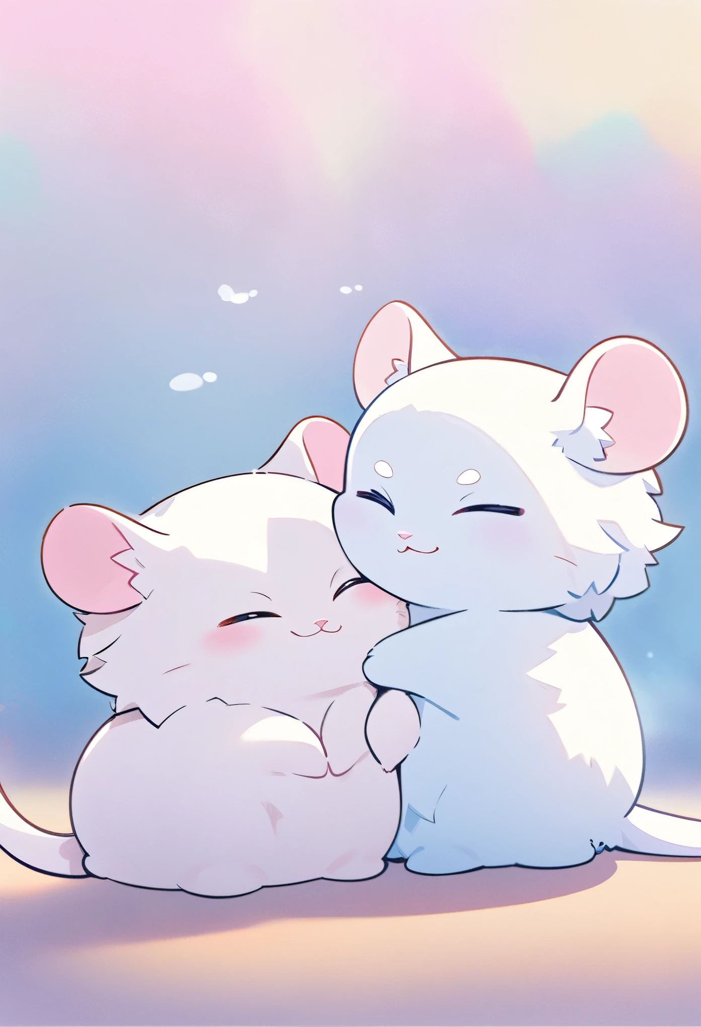 best quality, masterpiece, cat and mouse taking a nap, feeling safe when they are close together, friendly, cute, cute pose, pastel color fluffy image effect background