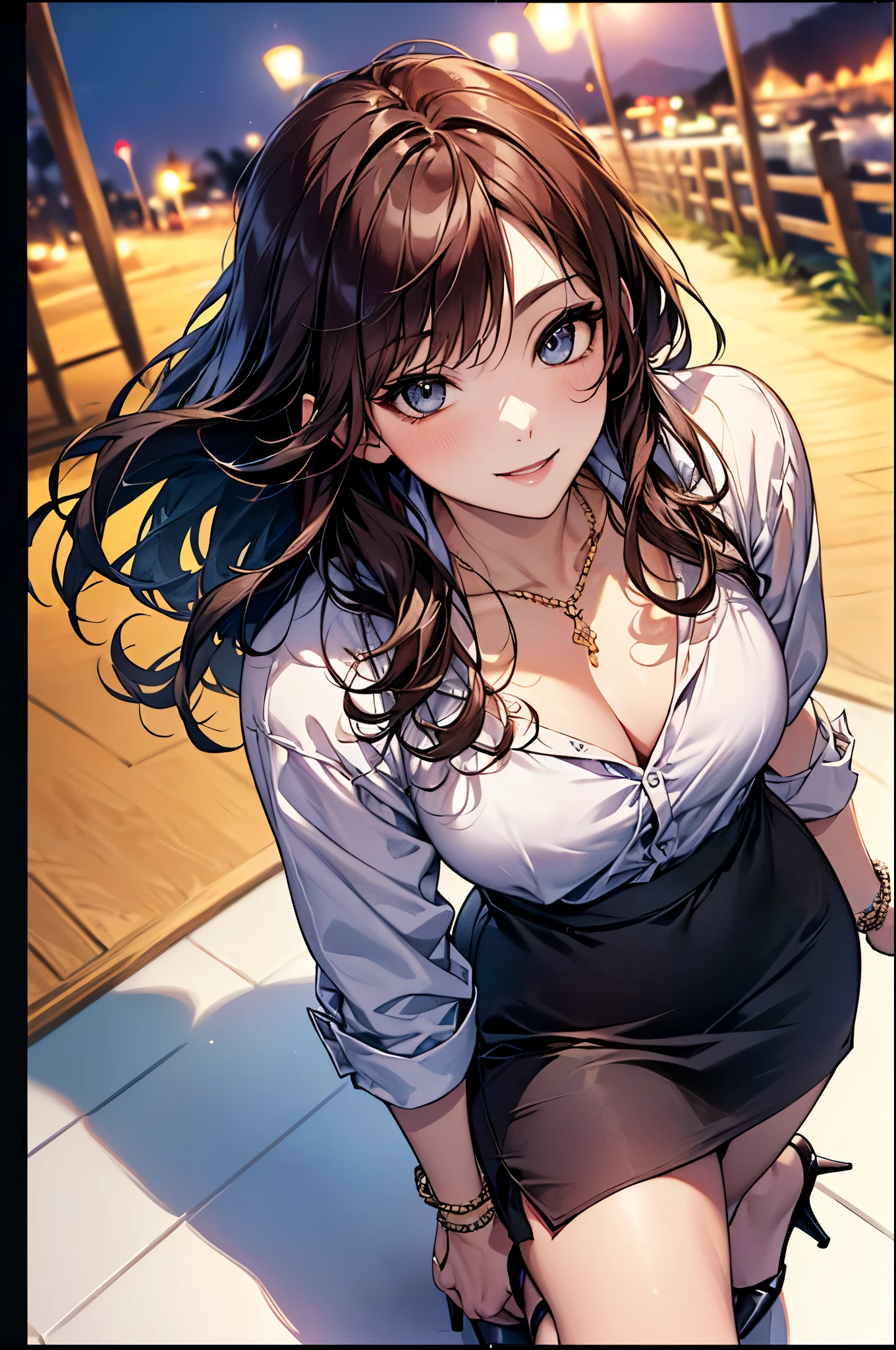 ((Biologically correct limb count))、(( whole body including face))、4K、Masterpiece、((Focus on the face))、((Symmetrical, well-proportioned facial features))、Eyes with delicate depictions、(((1 person)))、Beautiful woman、Outstanding style、Slender Body、、((Red Army Uniform、shirt、Checked Skirt,(High heels with anklets)))、(((coastal)))、(Smiling and smiling)、(Close-up photo of the upper body)、High angle、Photos with a white border around them、night、