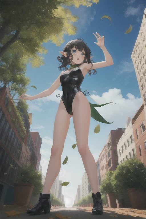 Beautiful elf Girl, medium black hair, waved hair, leaf leotard,long arms, long legs, cowboy shot, archer ,outdoor, new York,full body , view from below,shock face,