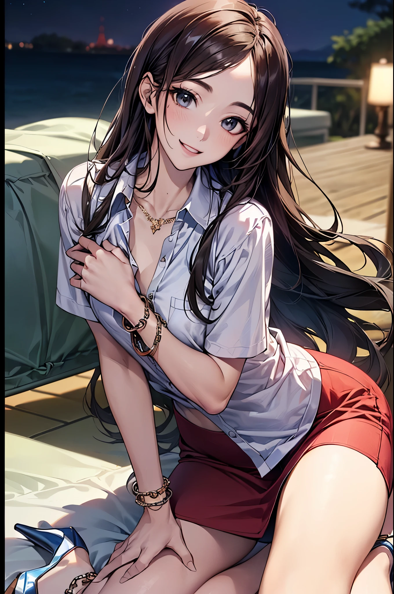 ((Biologically correct limb count))、(( whole body including face))、4K、Masterpiece、((Focus on the face))、((Symmetrical, well-proportioned facial features))、Eyes with delicate depictions、(((1 person)))、Beautiful woman、Outstanding style、Slender Body、、((Red Army Uniform、shirt、Checked Skirt,(High heels with anklets)))、(((coastal)))、(Smiling and smiling）、(Close-up photo of the upper body）、High angle、Photos with a white border around them、night、