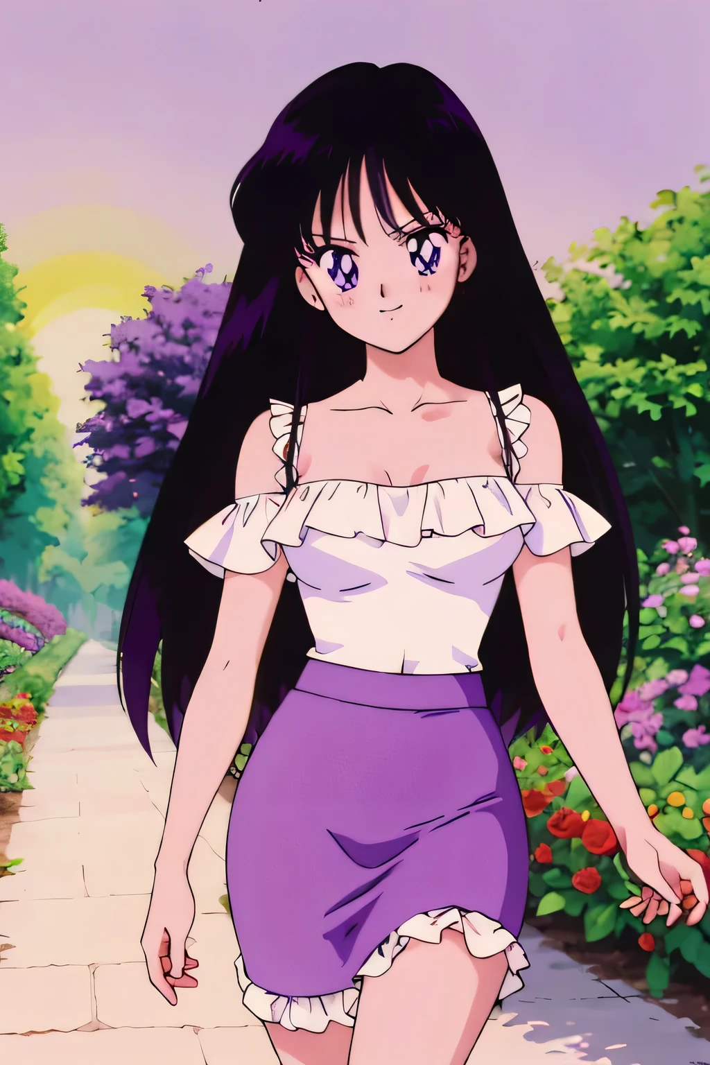 (retro anime girl:1.2), (masterpiece:1.2), (best quality), (ultra detailed), (8k,4k), (half body:1.2), (cowboy:1.2), (close up:1.2), (highly detailed:1.2), (White Ruffle Off-the-shoulder tank top:1.4), (purple skin tight pencil skirt:1.4), Rei Hino, 1 girl, solo, Best quality, masterpiece, High Definition, r, Purple Eyes, Beautiful Detail Eyes, Black Hair, Long Hair, Good hands at sides, Seductive Smile, Blushing, Bare Neck, Bare Arms, Bare Shoulders, short sleeve, Strapless White Ruffle Off-the-Shoulder Tank Top, purple skin tight pencil skirt, walking in the garden with bare feets, looking at viewers, garden, sunset skies, rose bushes, outdoor gazebo