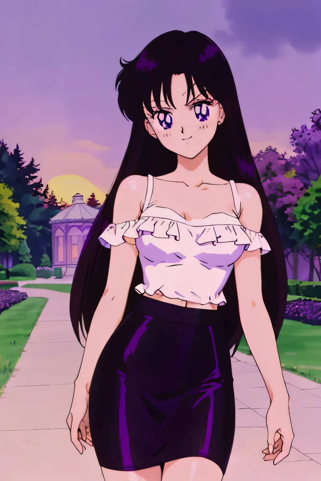 (retro anime girl:1.2), (masterpiece:1.2), (best quality), (ultra detailed), (8k,4k), (half body:1.2), (cowboy:1.2), (close up:1.2), (highly detailed:1.2), (White Ruffle Off-the-shoulder tank top:1.4), (purple skin tight pencil skirt:1.4), Rei Hino, 1 girl, solo, Best quality, masterpiece, High Definition, Teenager, Purple Eyes, Beautiful Detail Eyes, Black Hair, Long Hair, Good hands at sides, Seductive Smile, Blushing, Bare Neck, Bare Arms, Bare Shoulders, short sleeve, Strapless White Ruffle Off-the-Shoulder Tank Top, purple skin tight pencil skirt, walking in the garden with bare feets, looking at viewers, garden, sunset skies, rose bushes, outdoor gazebo