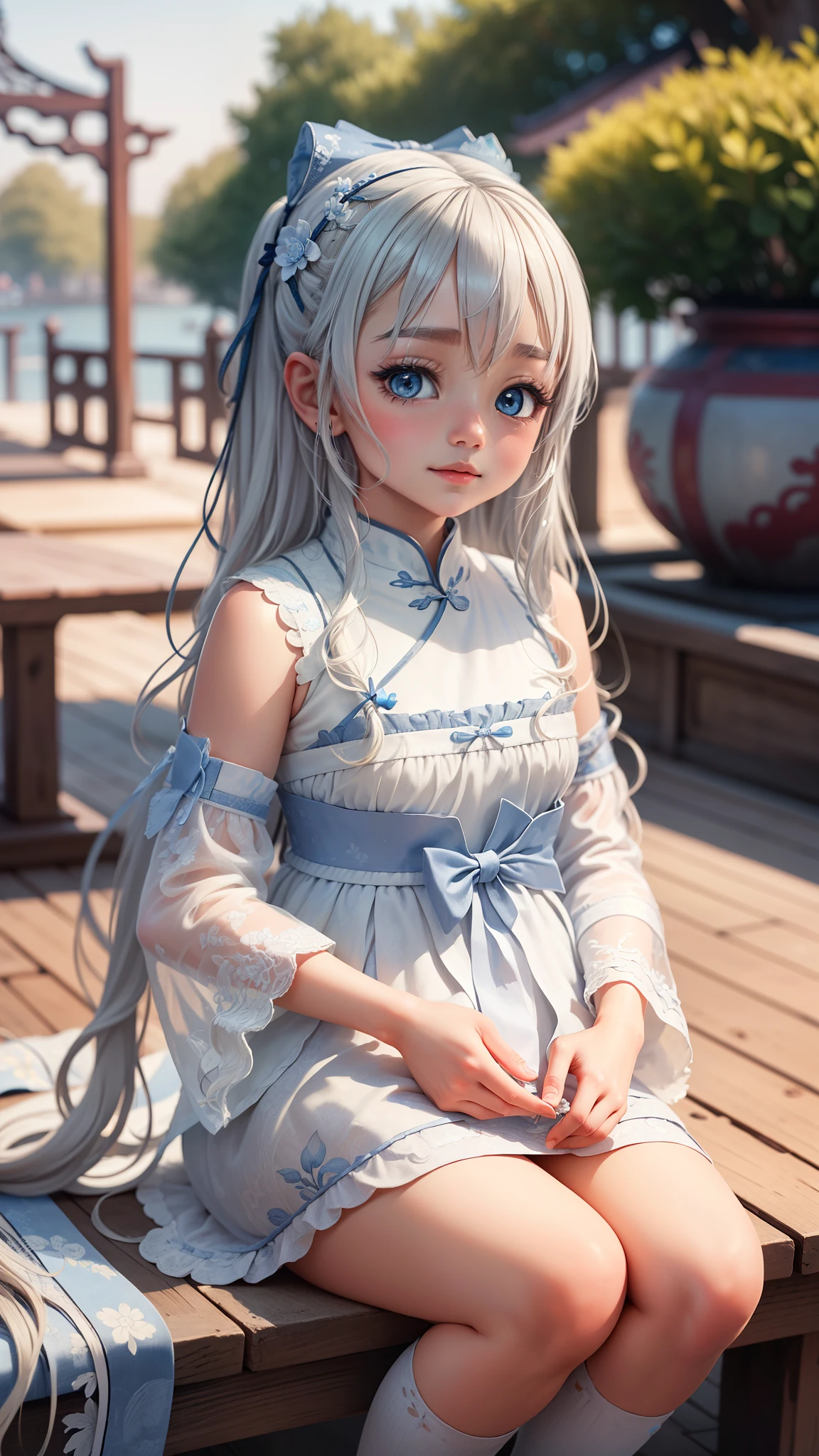 ((best quality)), ((masterpiece)), ((Very detailed)), (illustration), (Detailed lighting), (extremely delicate and beautiful),Charming young girl,Long white hair,Blue sky,(Chinese Garden),Silky