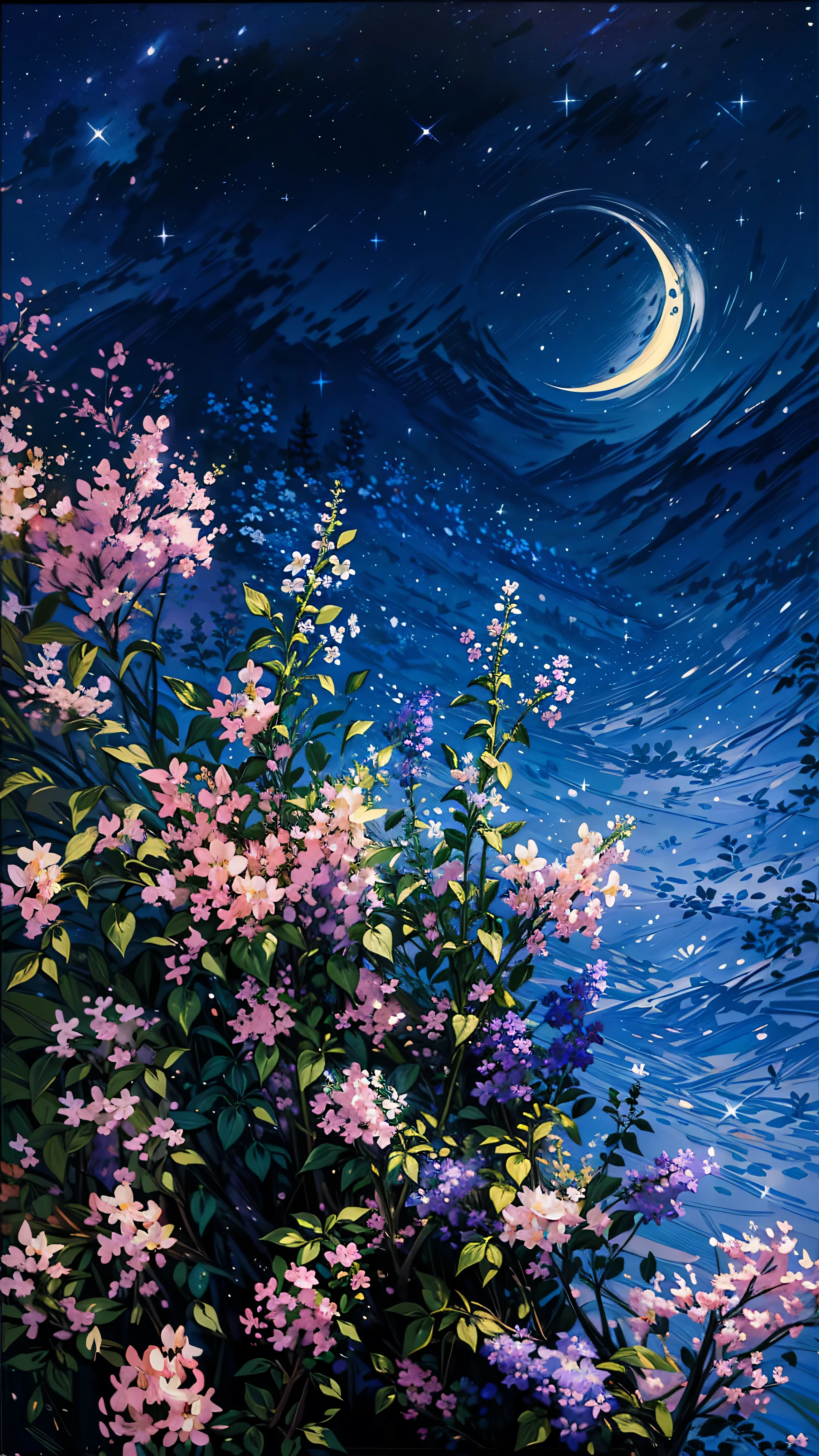 a painting of a night sky with a half moon, night sky full of flowers, lilac bushes, moonlight shining on wildflowers, detailed gouache paintings, stary night painting, trees and flowers, lush trees and flowers, field of flowers at night, realistic flowers oil painting, floral splash painting, cotton candy bushes, flowers and trees, luminescent oil painting