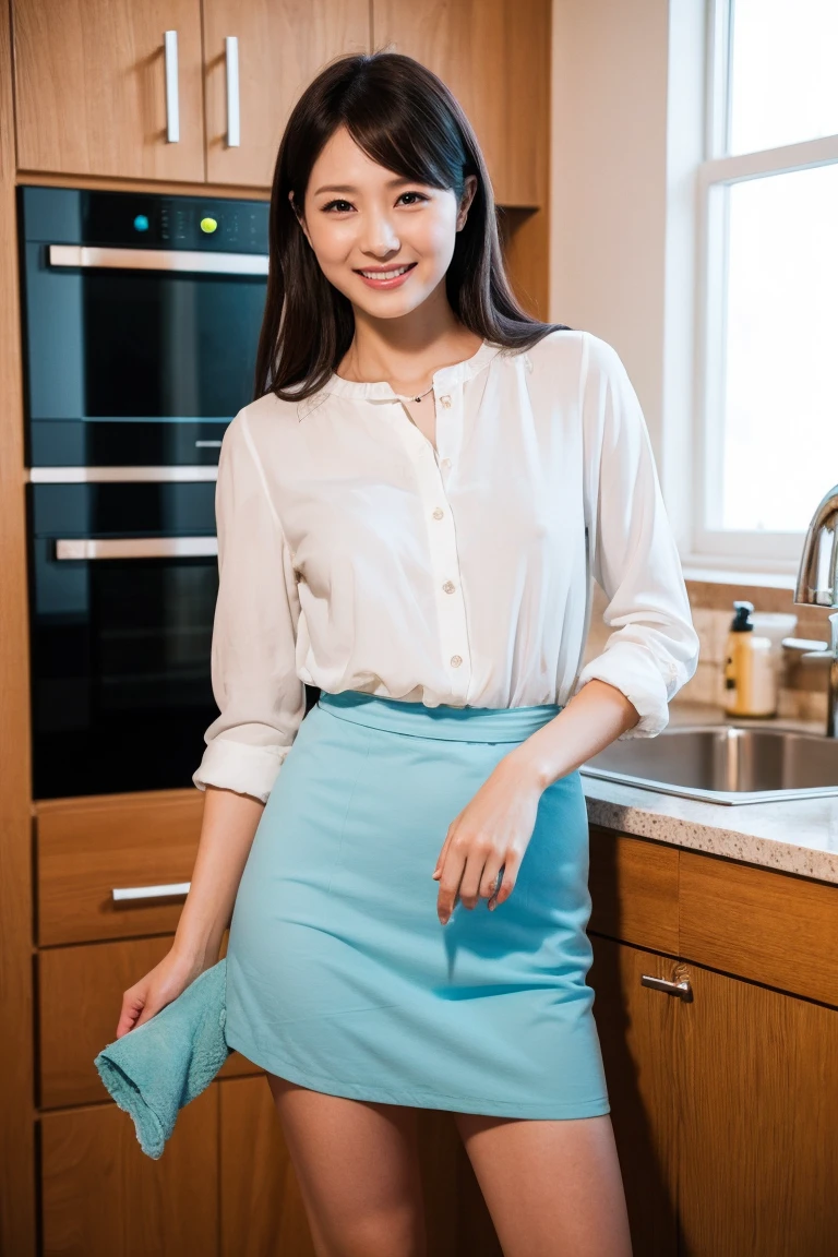 highest quality, Pieces fly, Realistic, High resolution, 8k RAW Photos,alone, One girl, 30 years old、Washing dishes in the kitchen、smile、blouse、skirt、Japanese Kitchen、slipper
