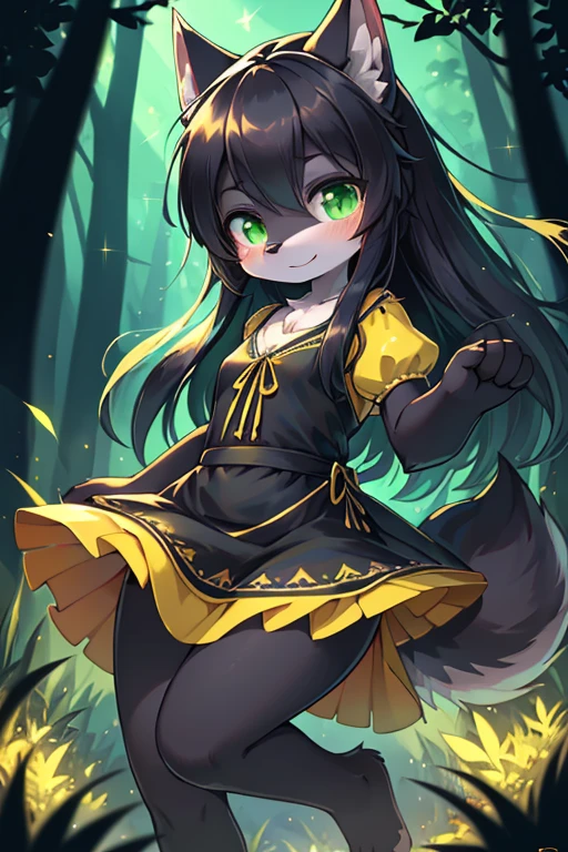 ( Absurdly , High quality , ultra detailed ) ,( hand detailed ) absurdres(highly detailed beautiful face and eyes)perfect anatomy, 1girl, solo, young, (wolf fox) (10-year-old (female black wolf), (flat chest) (bright green eyes), ((black fur, extremely long black hair))) ((wolf girl yellow dress)) Fluffy anthropomorphic wolf fox, Fluffy wolf, wolf tail, Body fur, (detailed eyes) black wolf, yellow cute dress with blue ribbon, pure black fur, yellow dress, dark blue ribbon, short nose, short snout, cute face, young kemono, knee length hair, adorable, cute, looking at viewer ((extremely detailed fur)) (extremely detailed eyes) calm ((adventure clothing (cute dress))), bright green eyes, hair goes down to feet, extremely long hair barefoot, (controlling green fire), sparkles, bright green flames, beautiful background, bright forest background, sunset, yellow dress, dancing