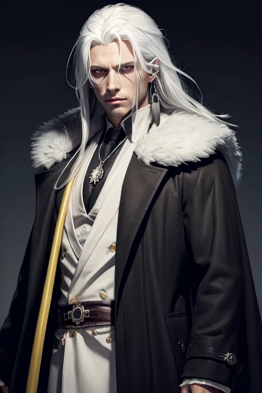 Man, white hair, long hair, yellow eyes, scars, long coat, necklace, black coat, feather earring, glowing eyes, katana