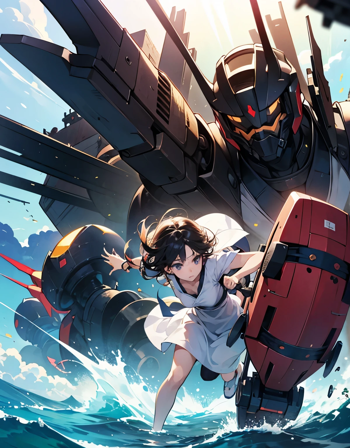 Scene 6: Near Miss with Enemy Drones
"While exploring the island, Mizuki and Taro face a sudden attack from enemy drones. The drones are sleek and menacing, contrasting with the natural beauty of the island. Mizuki and Taro run towards their flying machine, dodging beams of light. Mizuki's white dress flows behind her, and Taro, in his mechanic's outfit, looks determined to protect their journey."