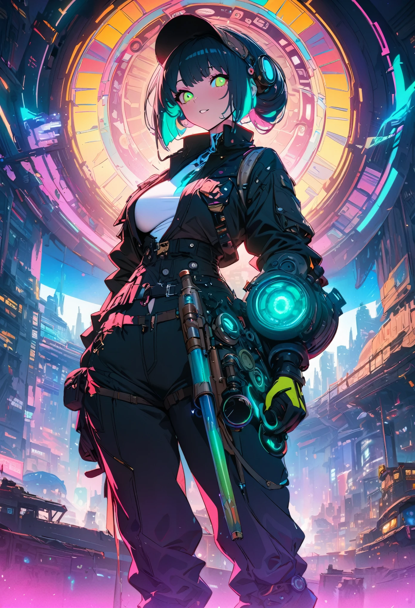 best quality, super fine, 16k, incredibly absurdres, extremely detailed, kaleidoscope of cyberpunk, steampunk, dieselpunk, and clockpunk, with a beautiful creator god at its center, variety of visual styles that combine various artistic elements like a sparkling iridescent pastel and vivid colors
