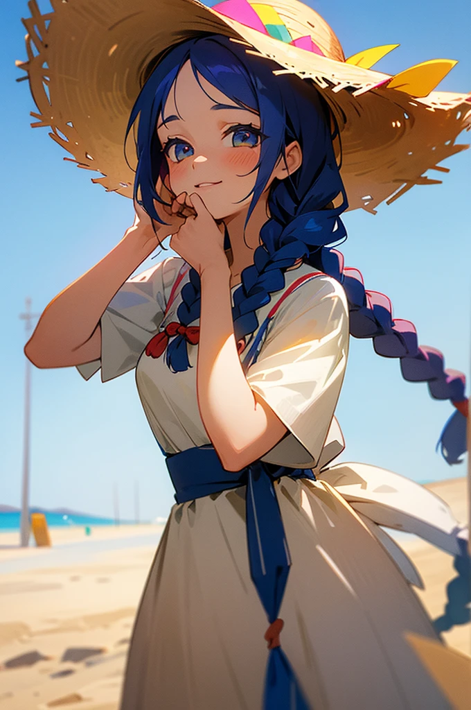 Girl with long braids. Com vestido de festa junina. Straw hat on head. Alegre. 