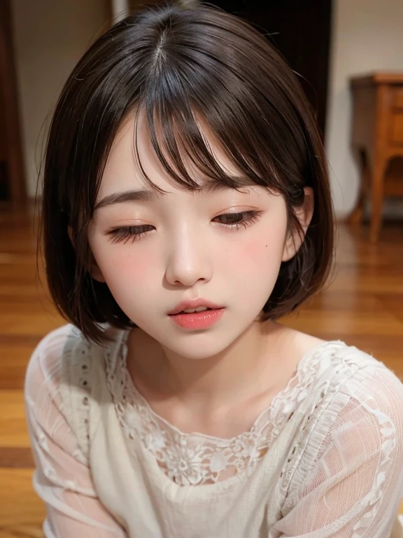 masterpiece, highest quality, Very detailed, figure, Blushing, Mouth wide open, Eyes closed, Bobcut, 