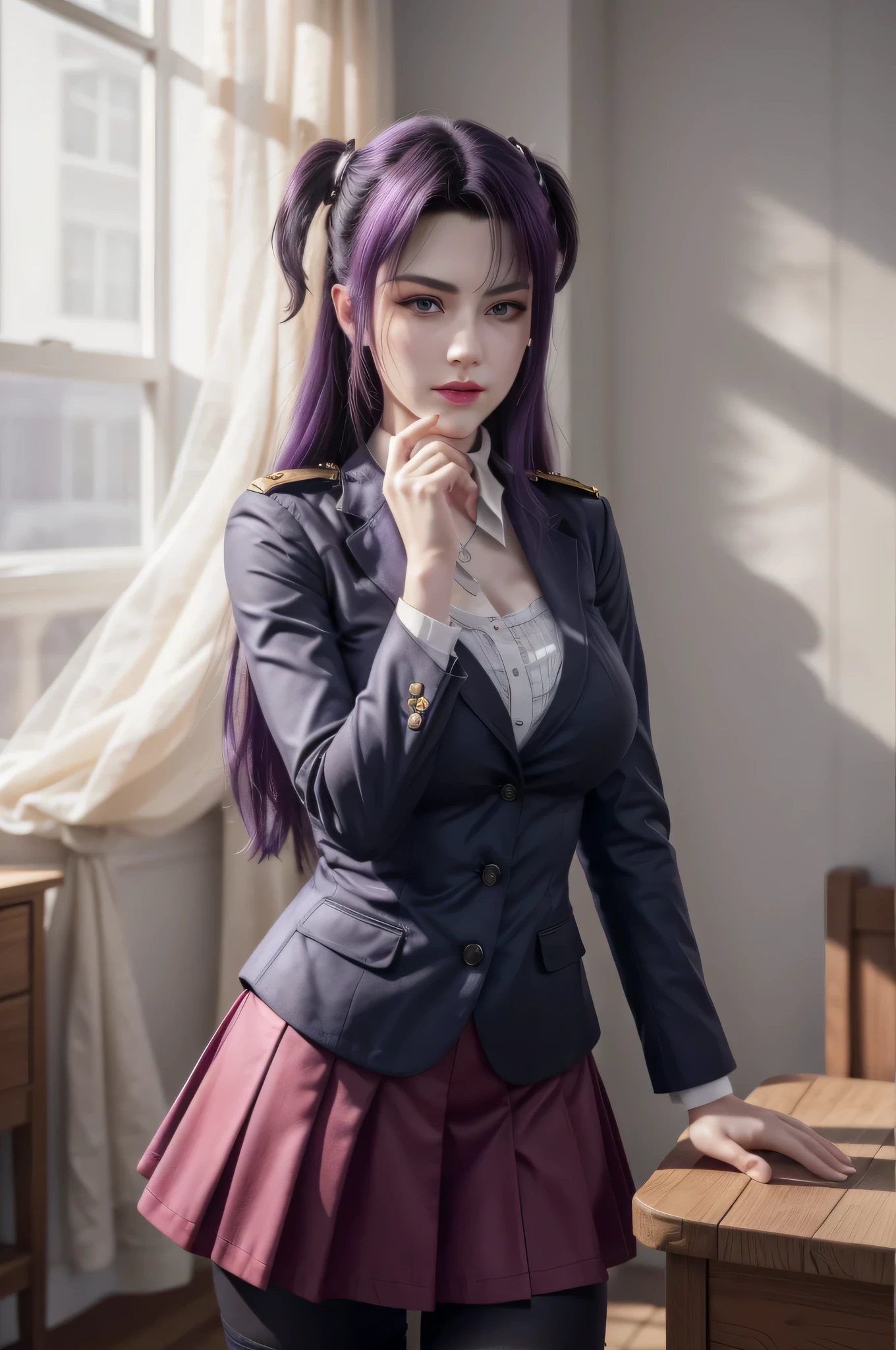 (8k, RAW photos, top quality, masterpiece: 1.2), (realistic, photorealistic: 1.37), (High Quality), (Ultra realistic), (High Details), (Face detail), (Shadow Detail), (big breast), Looking at viewers, 1 girl, solo, young girl, (17yo), purple eyes, purple hair, Pink Lips, (Extreamly Face Detailed), (Hand Detailed), dark blue T shirt, Dark red skirt, uniform, black stocking