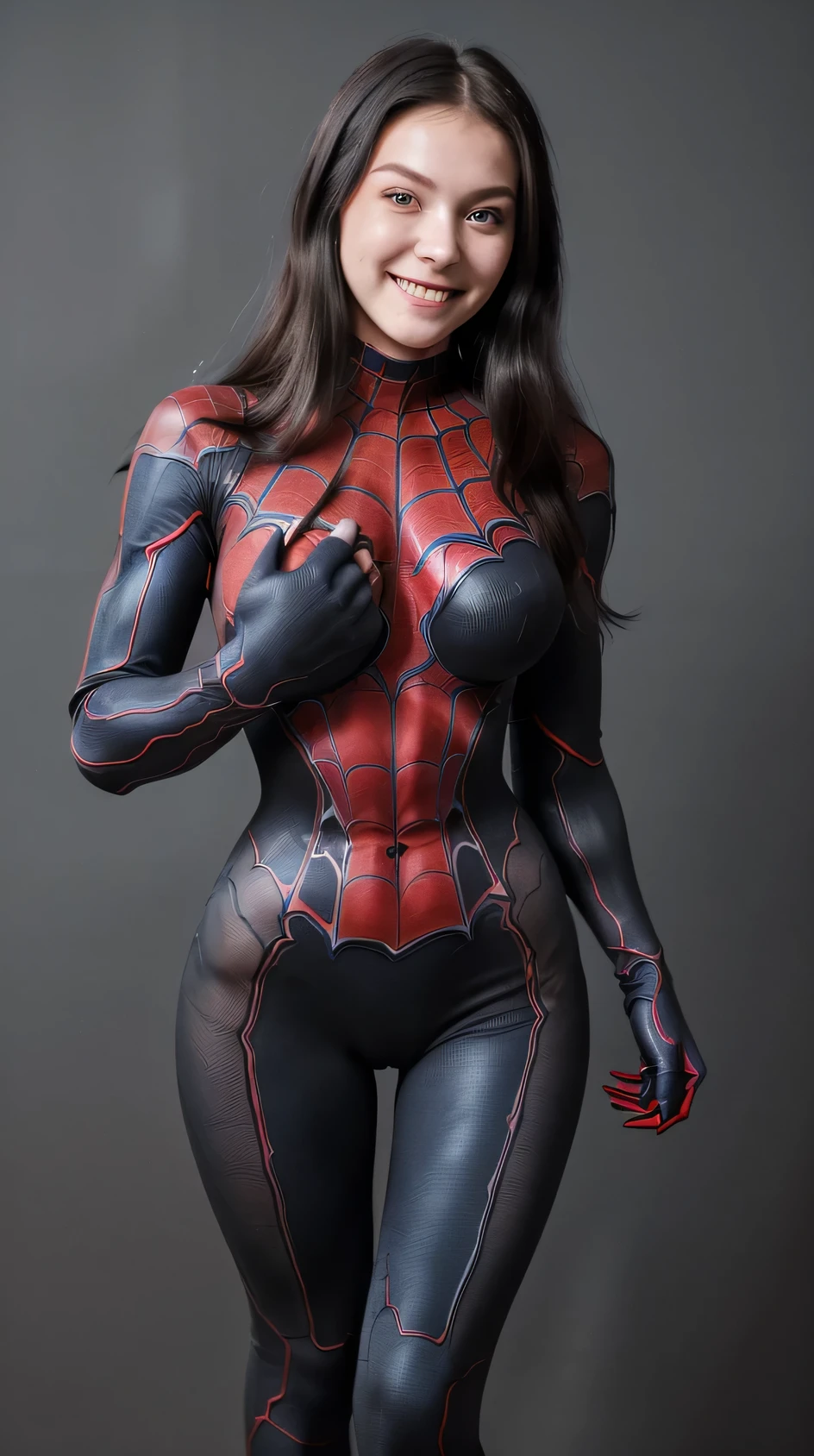 (super highest quality、In 8K、Masseter muscle part、good illustration、Full body）, She is wearing a black and blue tight spider man costume suit that covers the whole body, nothing is exposed、20 year old Russian woman is beautiful and charming、body slim, long black hair, standing straight and biting her finger while smiling seductively looking forward.
The background is plain gray.