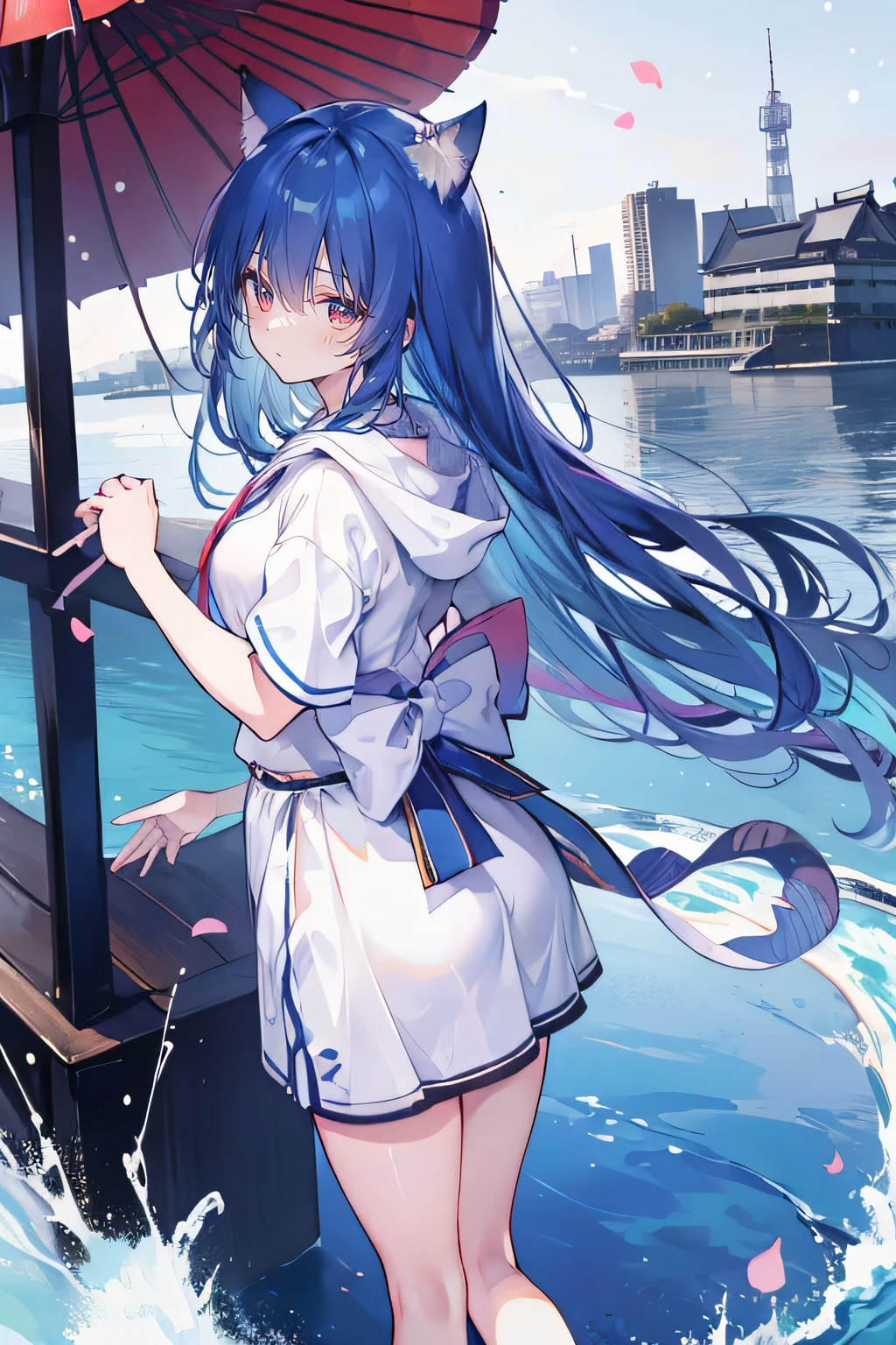 (masterpiece:1.2),Super detailed,lifelike,Expressive eyes,fair skin,perfect face shape,1 girl,
Japanese comics,Gorgeous blue hair,flowing blue hair,flowing clothes,Cat ears,Petals fall,beautiful lola,Baby Angel,
Shaking head with one hand,Cross your legs,Gentle and peaceful background,The pavilion is cool and comfortable,smile, wearing hoodie, background of tokyo,back views,snowing, winter,lie on the water.