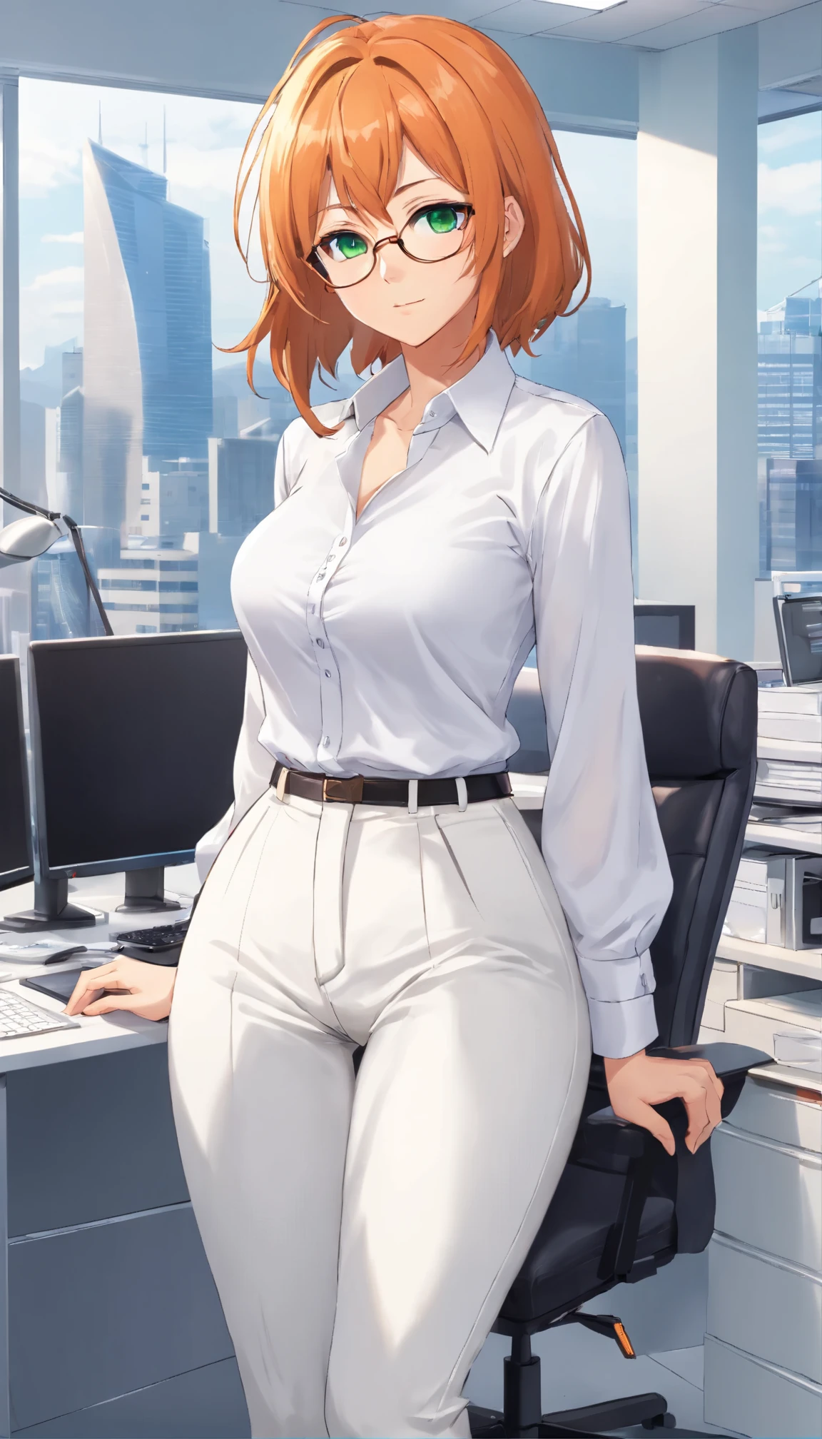 (masterpiece, Best quality), 8K, ultra detailed, realistic photo, Detailed face, perfect lighting, green eyes, bright orange hair, bright hair, fox ears, nice legs, side photo, beautiful, Cute, skin pores, 1 girl, stand in the office, hiking, Office pants, perfect shirt, fully dressed, beautiful women 30 years old, Beautiful proportions, Russian woman, Caucasian, European, Business lady, stunningly beautiful woman, mother, thick legs, show ass, big breasts, (Thin white shirt:1.4), thick, hot, (White Office Wear:1.4), tight pants, (wide hips:1.2), thick, (white Office pants:1.3), spread your legs, Legs open, full length, wide hips, Glasses