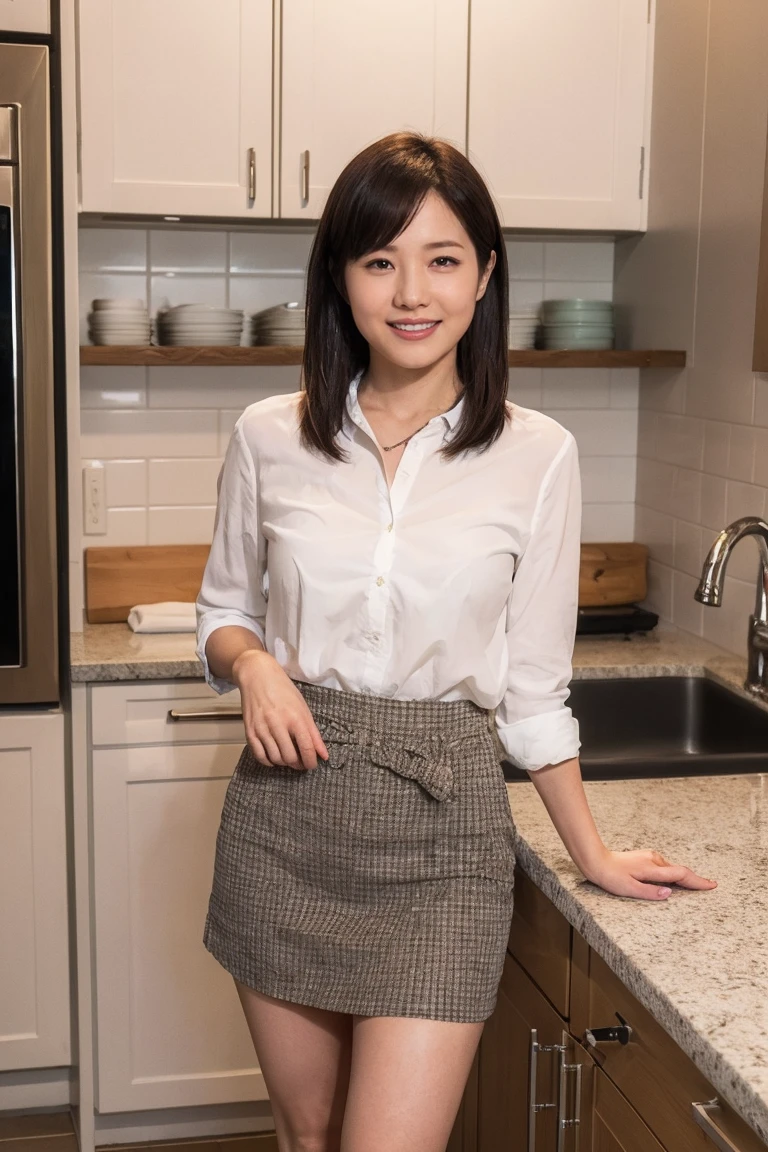 highest quality, Pieces fly, Realistic, High resolution, 8k　RAW Photos,alone, One girl, 30 years old、Washing dishes in the kitchen、smile、blouse、skirt、Japanese Kitchen、slipper