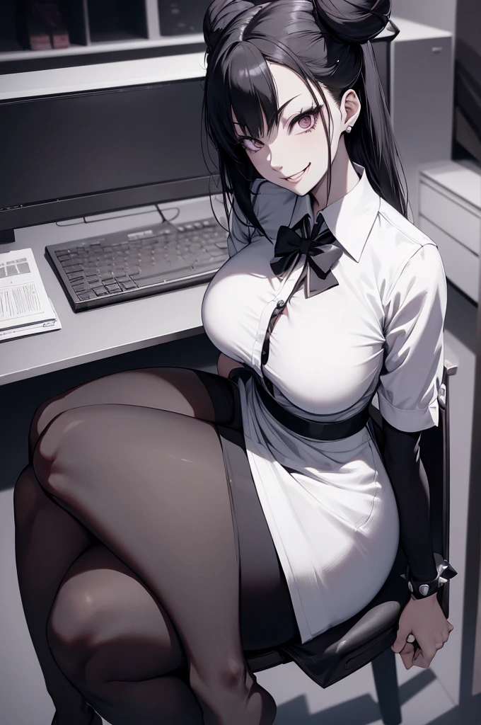 juri han,evil smile, work of art, tight white secretary shirt with black tie, black high waist skirt, short skirt, black hair, black tights, evil smile, office, bangs in the eyes, lighting, hair horn, vision of up, looking up, evil smile, sitting on an office chair, legs crossed
